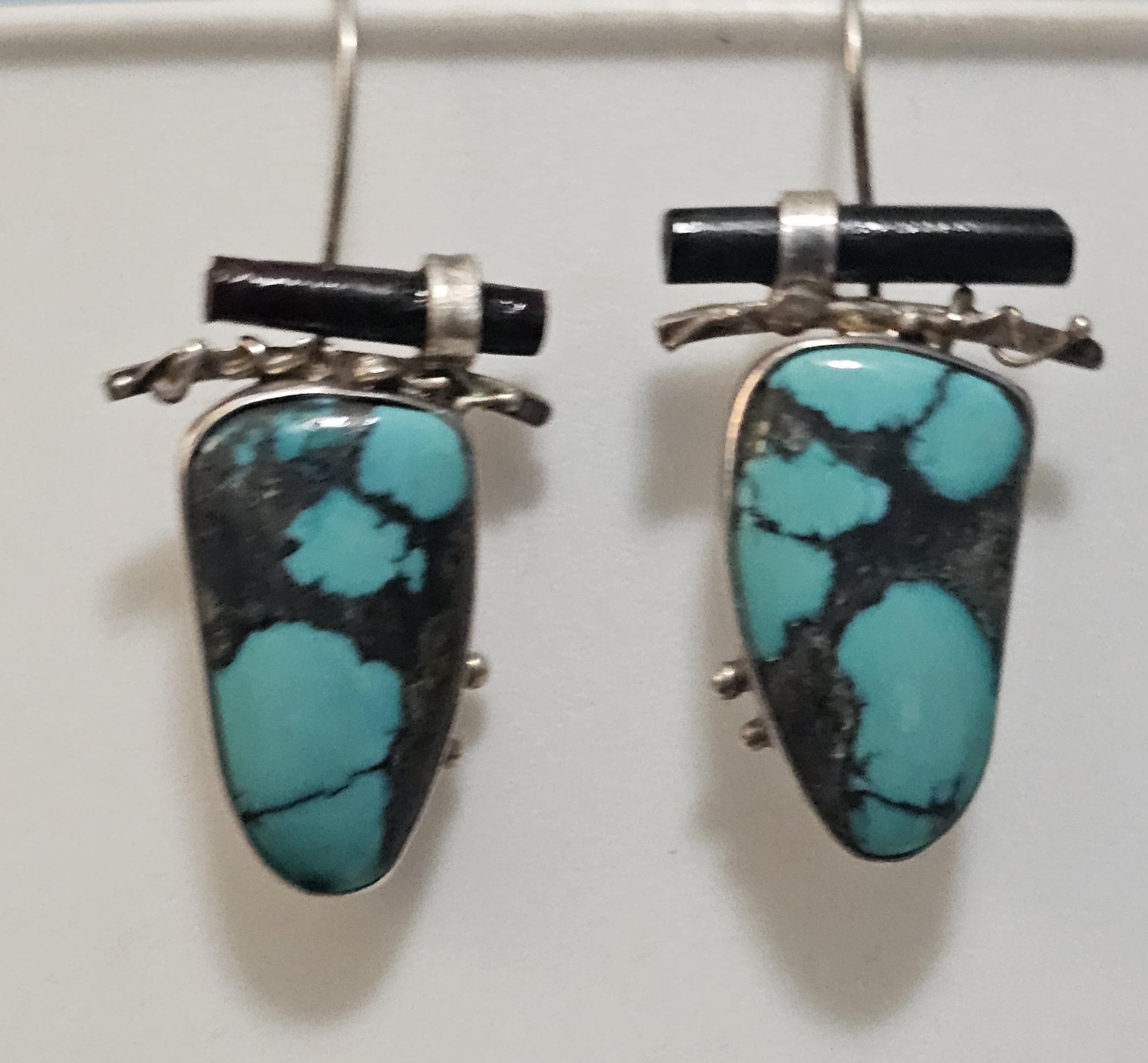 Unique Artisan Made Vintage Silver Turquoise Earrings Native Old Pawn. # JE 612