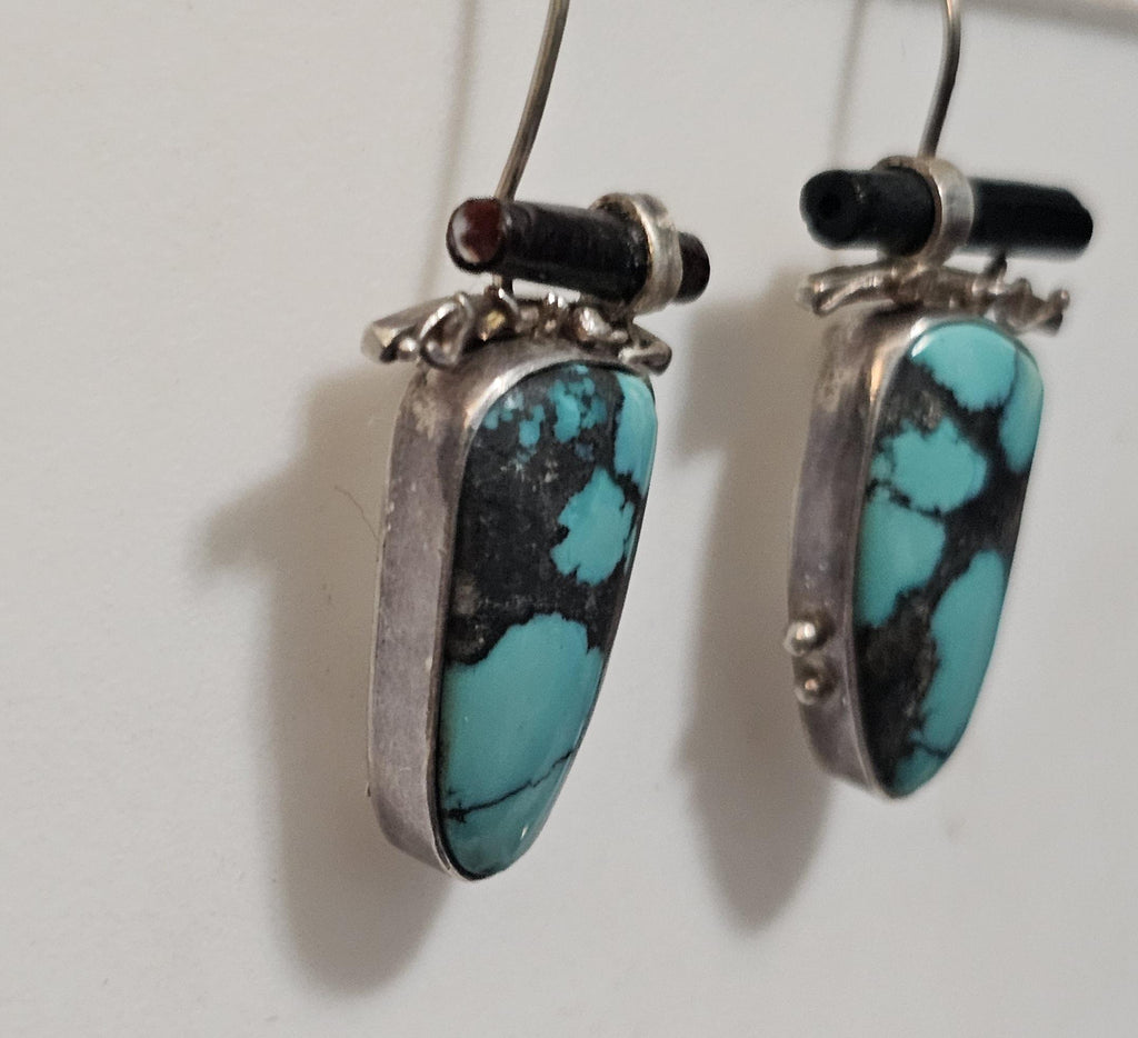 Unique Artisan Made Vintage Silver Turquoise Earrings Native Old Pawn. # JE 612