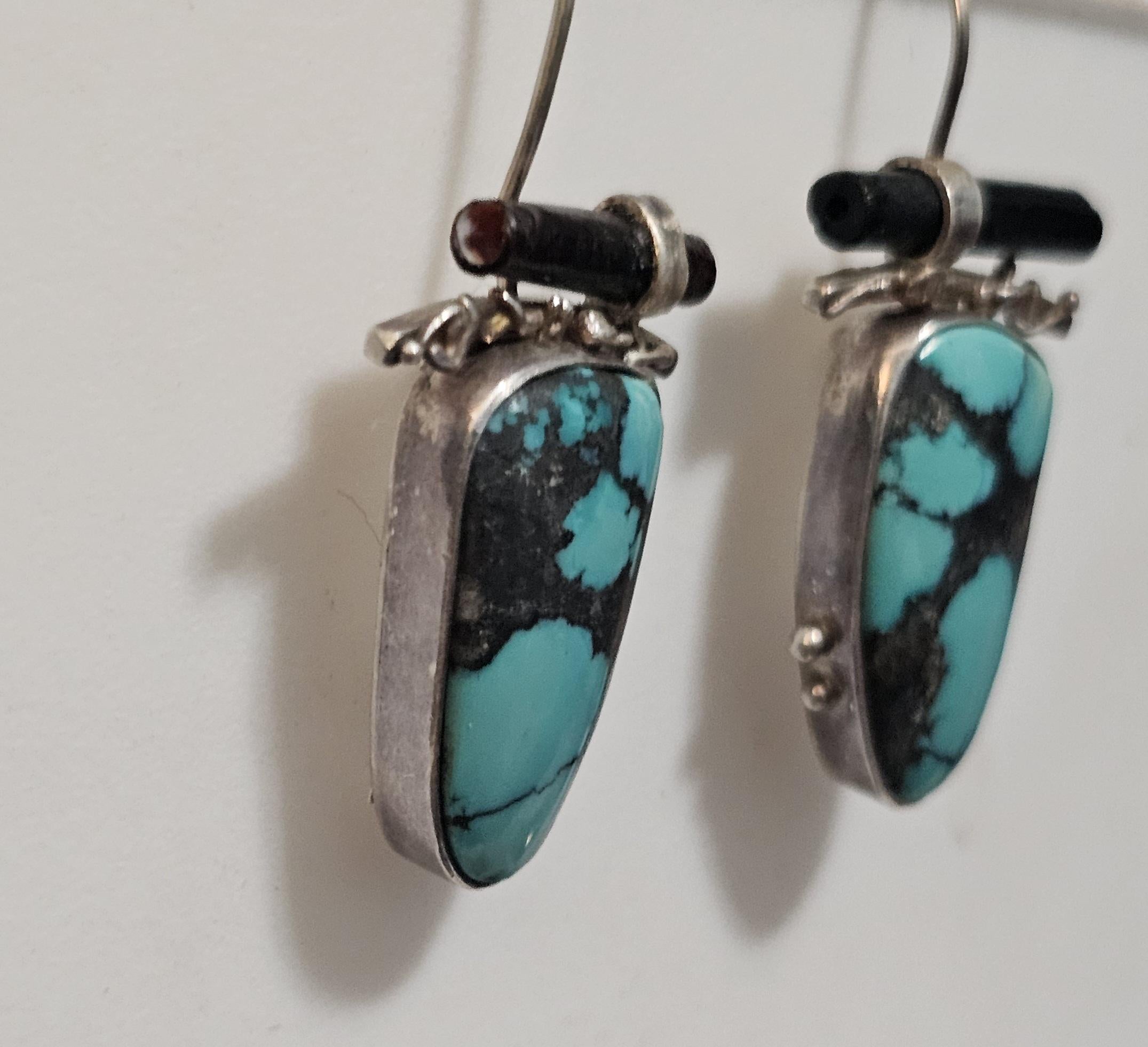 Unique Artisan Made Vintage Silver Turquoise Earrings Native Old Pawn. # JE 612