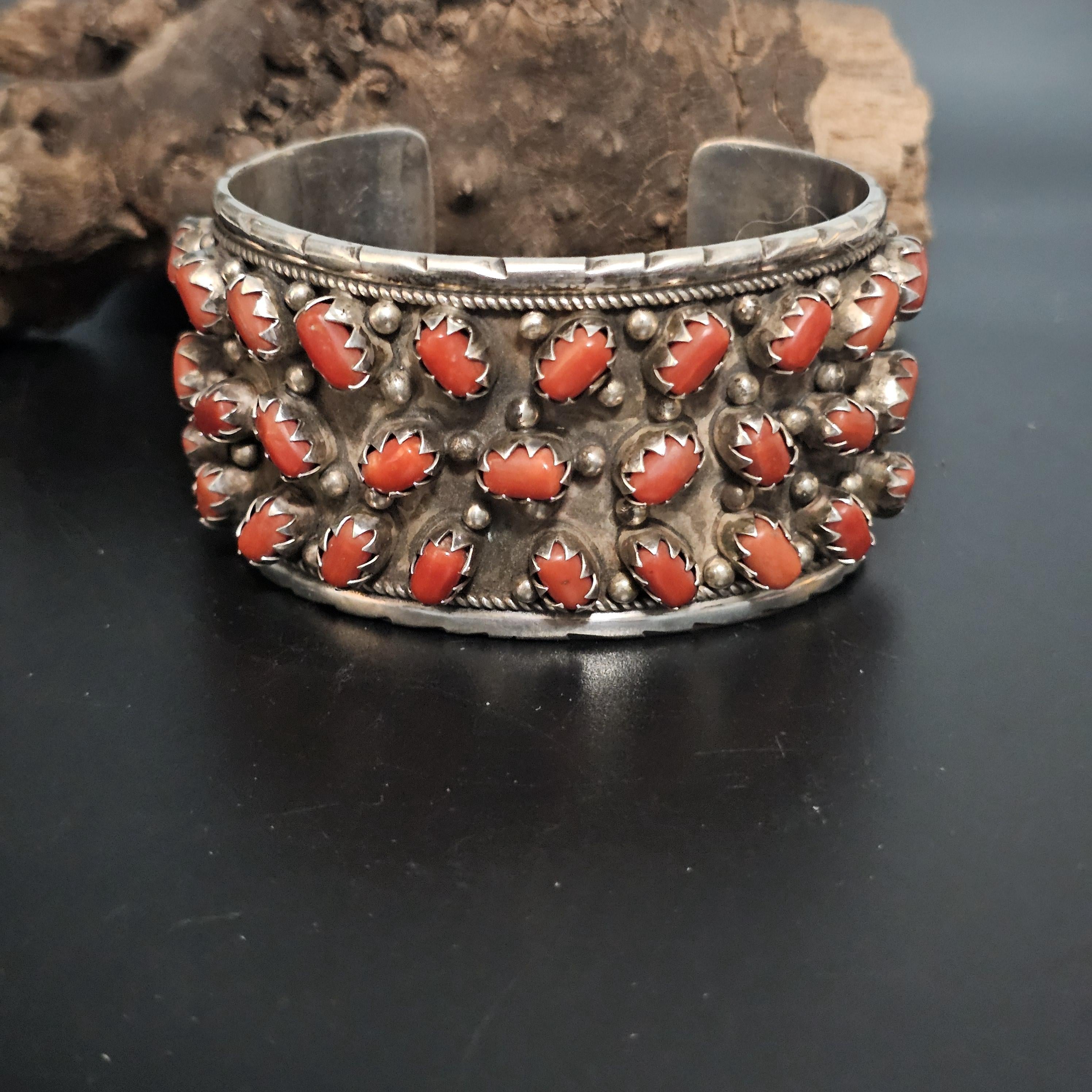 Handsome Coral and Silver Vintage Cuff Bracelet Native American fits a 7" wrist. JB 169