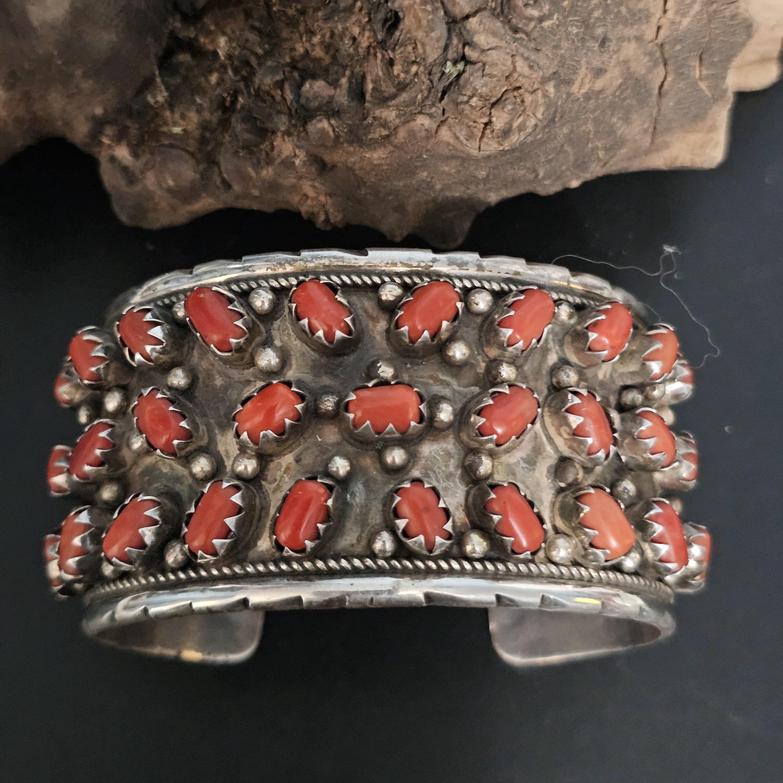 Handsome Coral and Silver Vintage Cuff Bracelet Native American fits a 7" wrist. JB 169