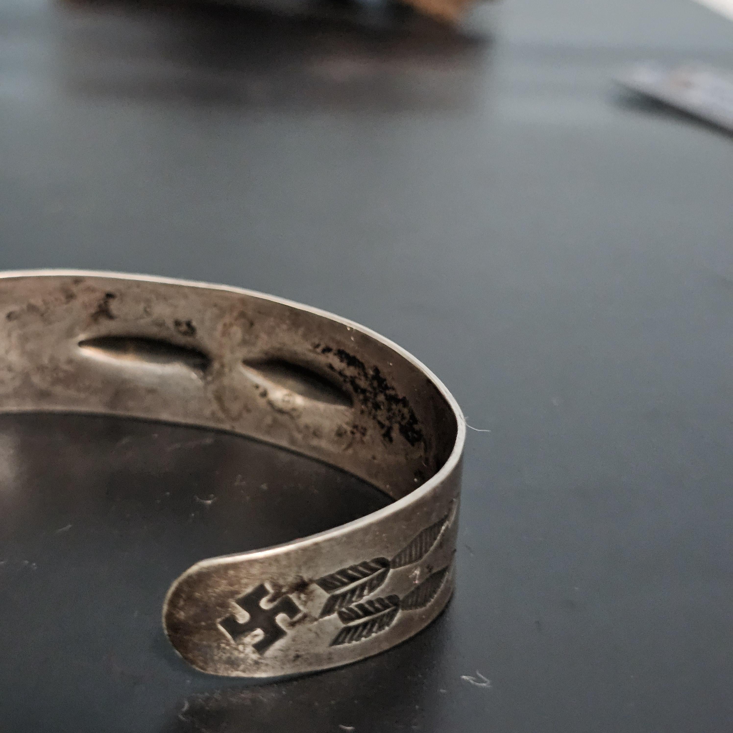 1930s Whirling Log Silver Native Cuff Bracelet Old Pawn. 6 3/4" wrist. JB 223