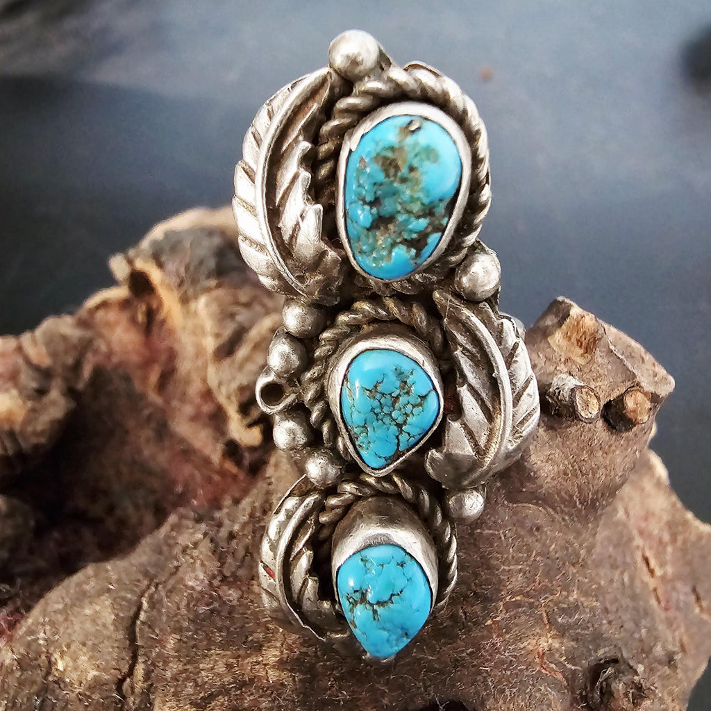 3 Blue Turquoise Nuggets Vintage Statement Ring Sterling Native Size 4 1/2 Old Pawn JR 439