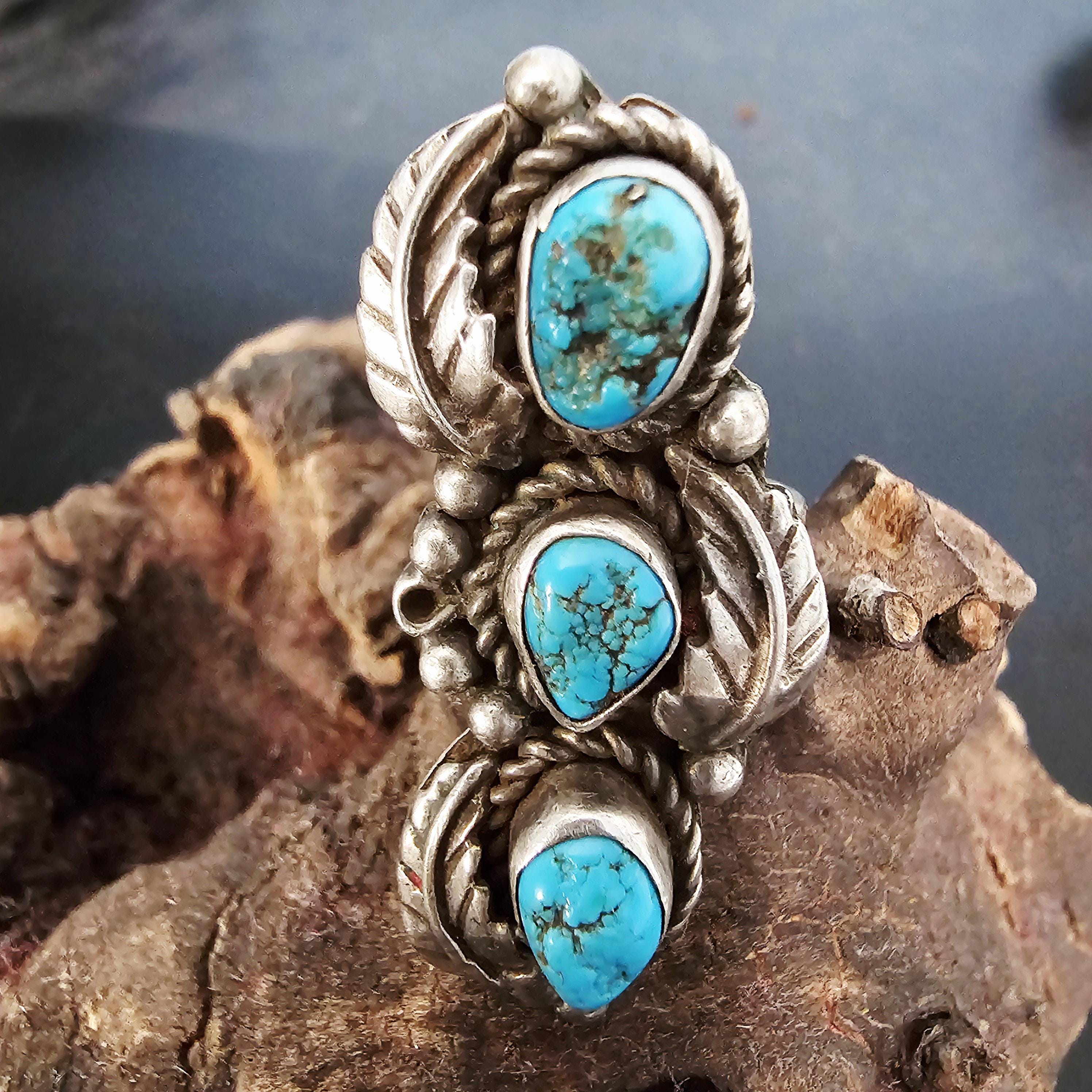 3 Blue Turquoise Nuggets Vintage Statement Ring Sterling Native Size 4 1/2 Old Pawn JR 439