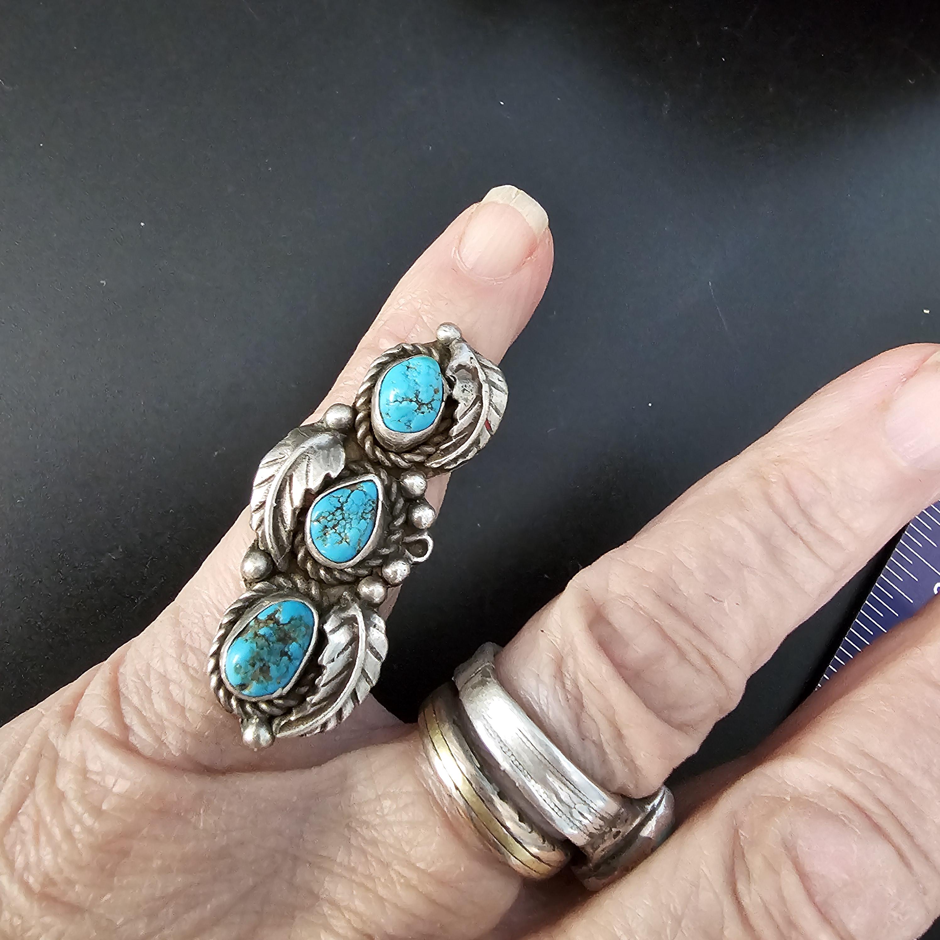 3 Blue Turquoise Nuggets Vintage Statement Ring Sterling Native Size 4 1/2 Old Pawn JR 439