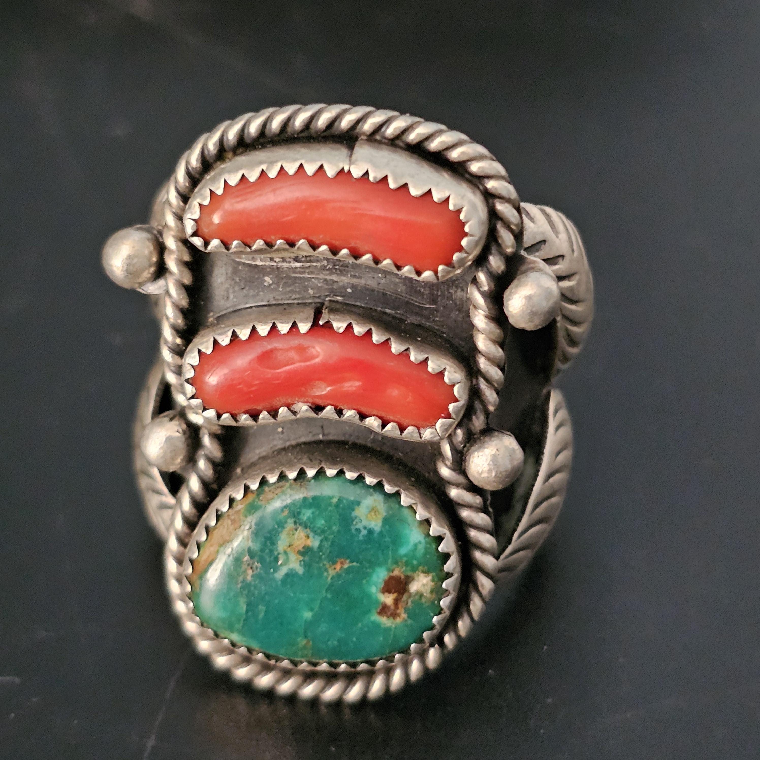 Statement Vintage Coral & Turquoise Sterling Silver Ring, Size 14  JR 342