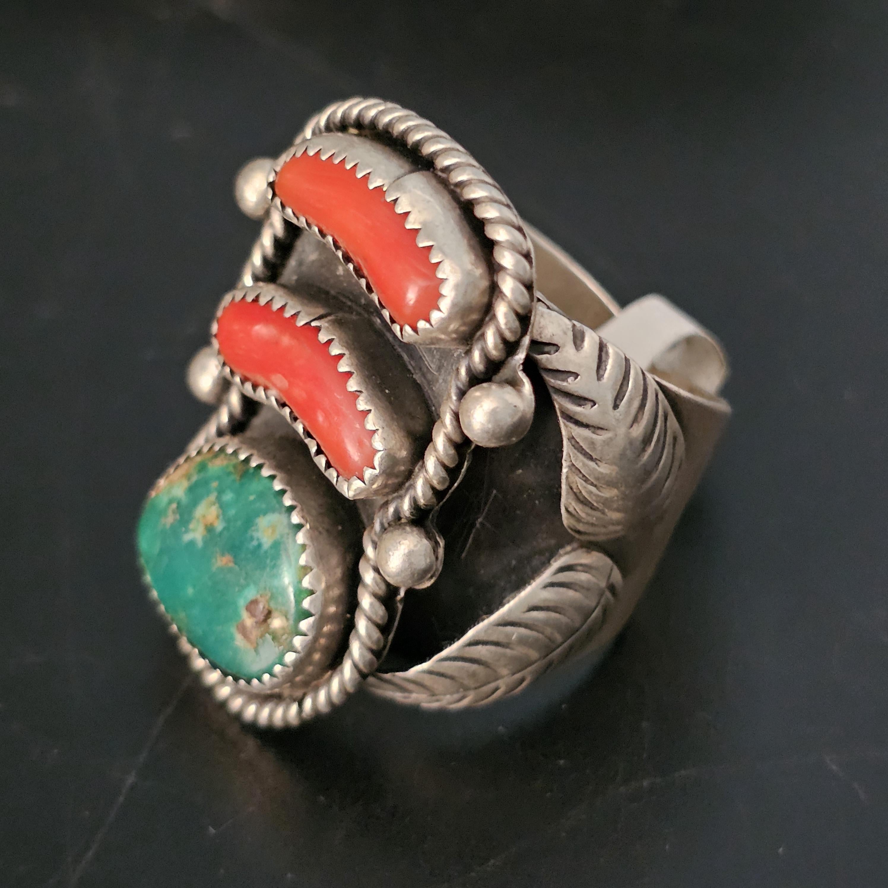 Statement Vintage Coral & Turquoise Sterling Silver Ring, Size 14  JR 342