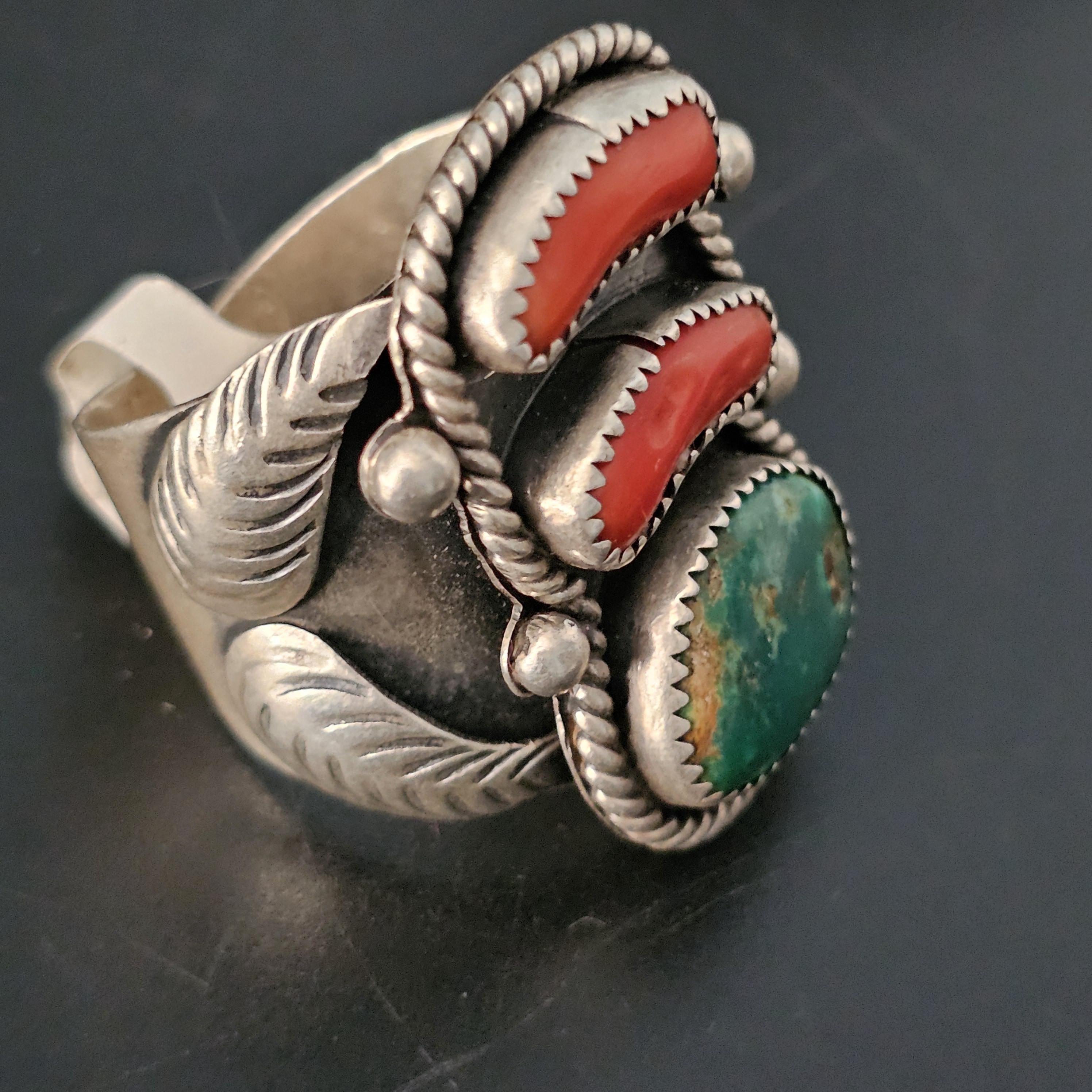 Statement Vintage Coral & Turquoise Sterling Silver Ring, Size 14  JR 342