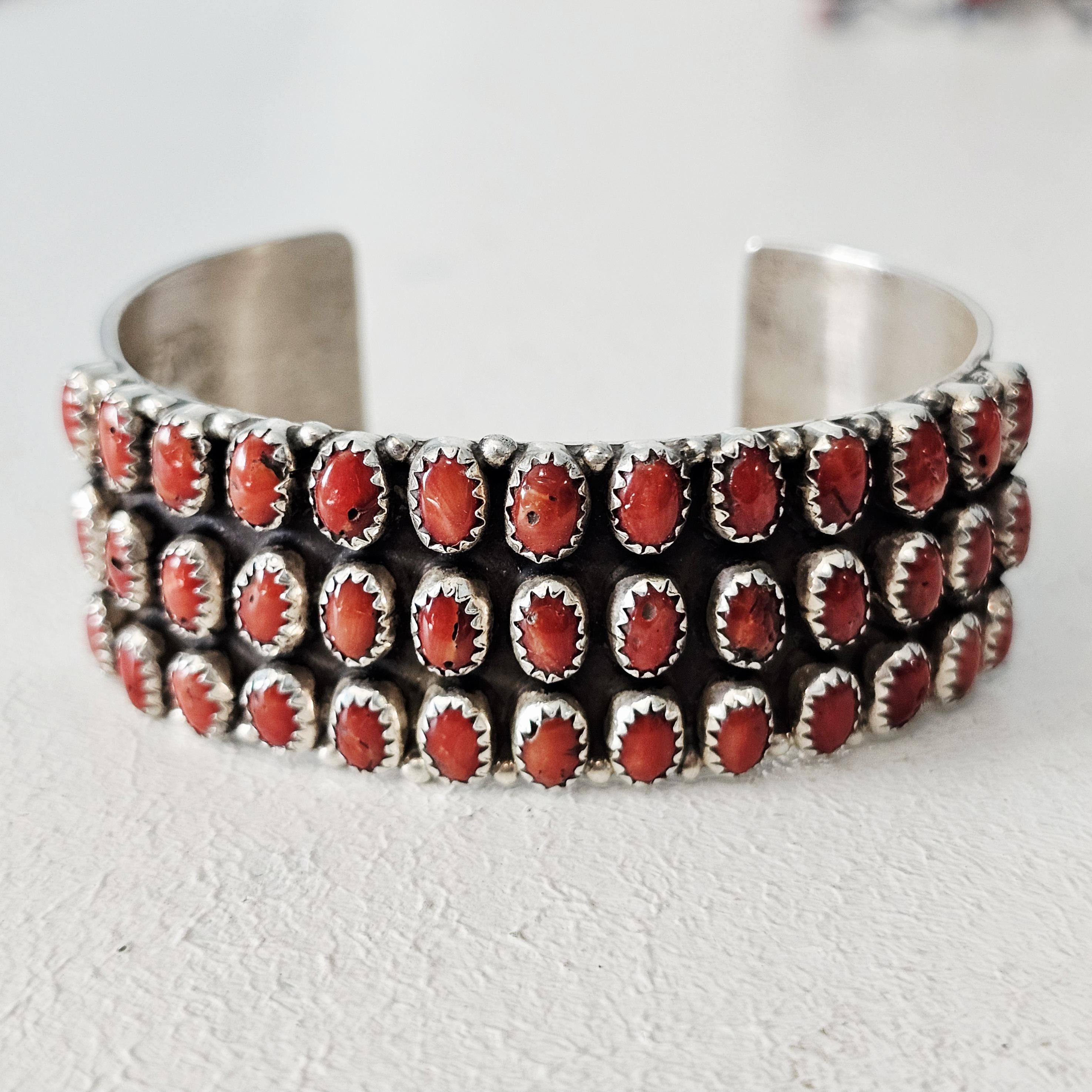 Triple Row Coral Zuni Vintage Native Cuff Old Pawn. 6 1/2 " wrist JB 170
