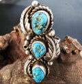 3 Blue Turquoise Nuggets Vintage Statement Ring Sterling Native Size 4 1/2 Old Pawn JR 439