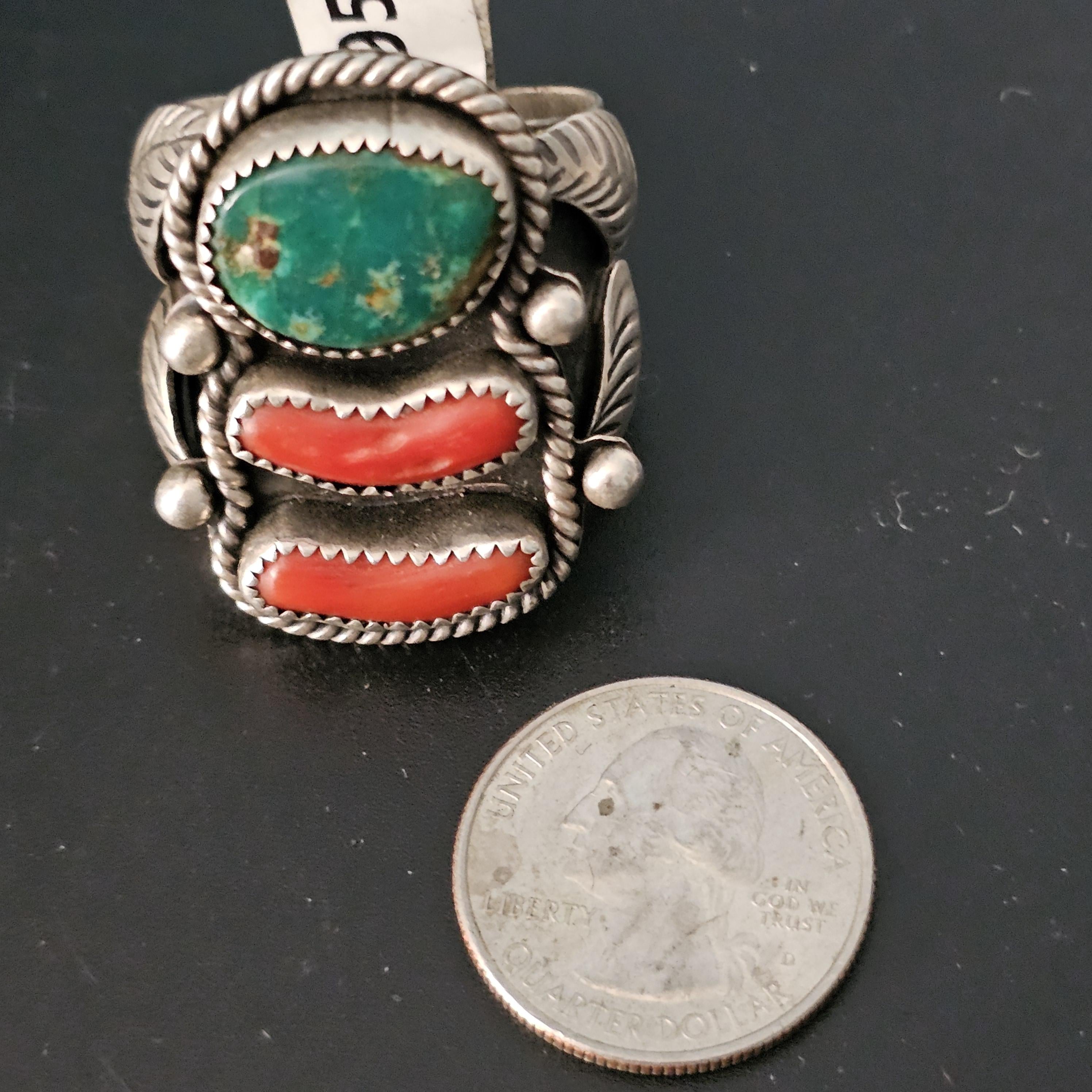 Statement Vintage Coral & Turquoise Sterling Silver Ring, Size 14  JR 342