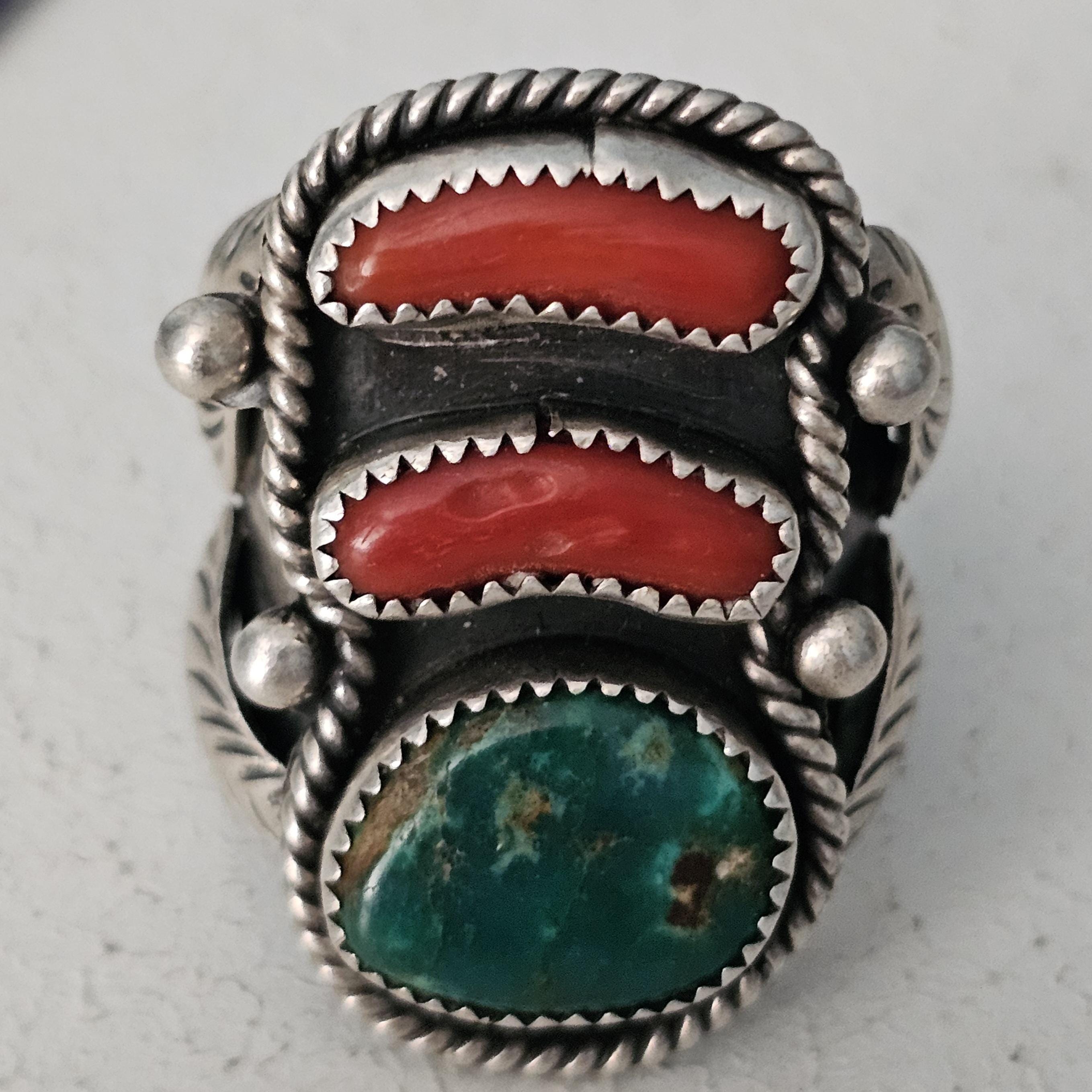 Statement Vintage Coral & Turquoise Sterling Silver Ring, Size 14  JR 342