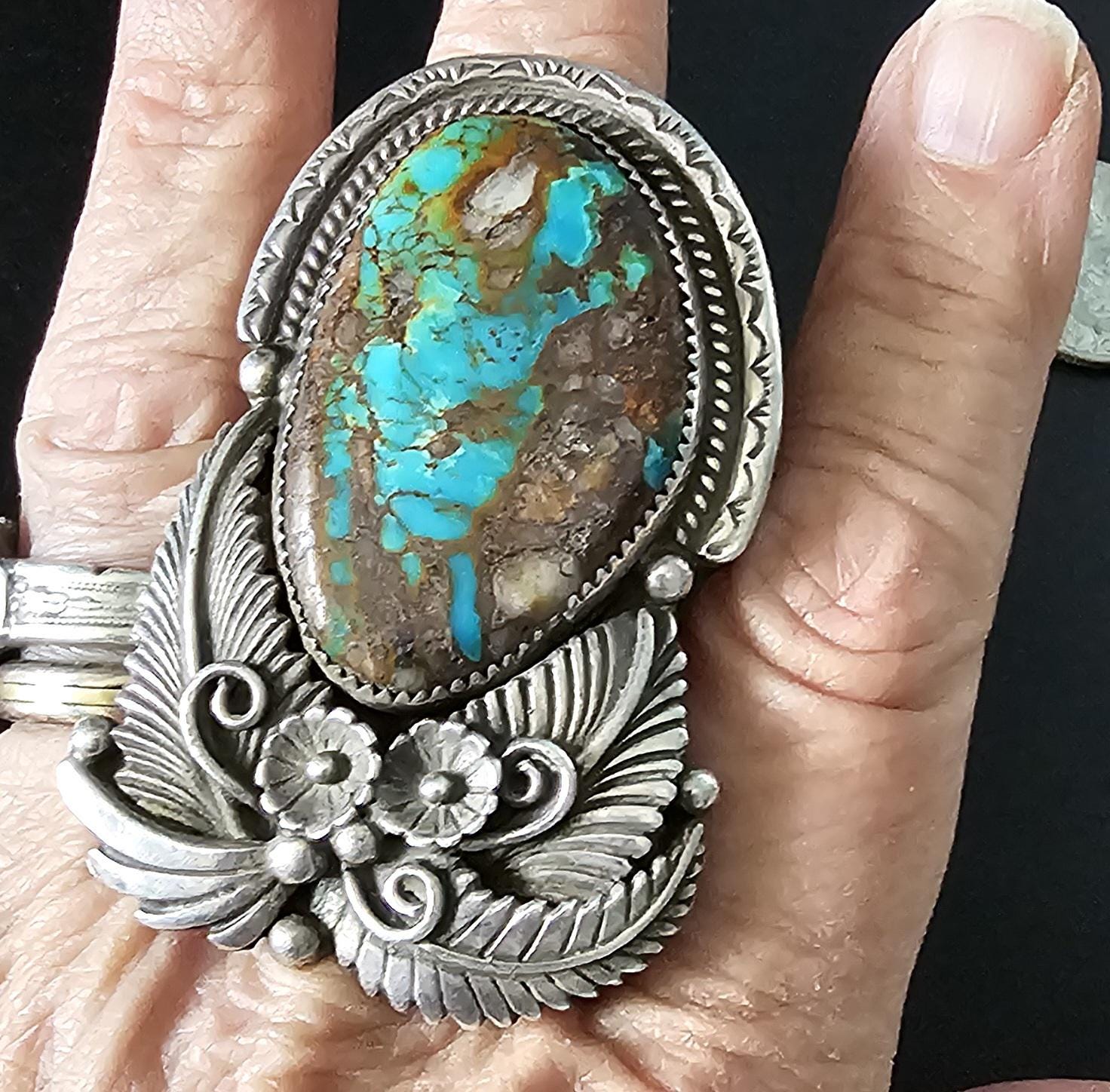 Ultra Large Statement Turquoise Silver Ring - Size 10 - Old Pawn JR 415