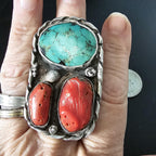 Very Large Statement Turquoise & Coral Silver Ring - Size 9  - Old Pawn JR 372
