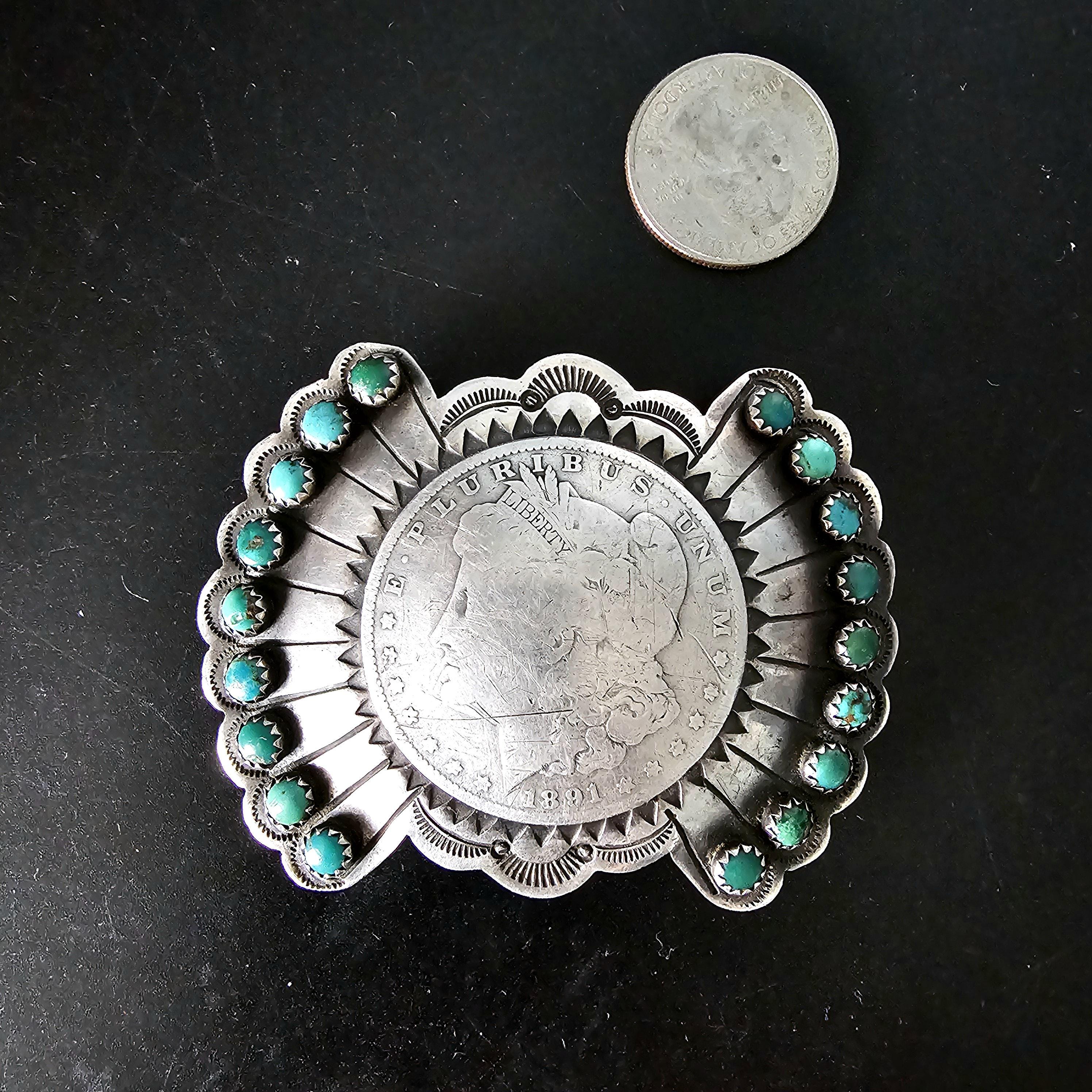 Coin Silver Signed Turquoise Vintage Buckle  Old Pawn JK 214