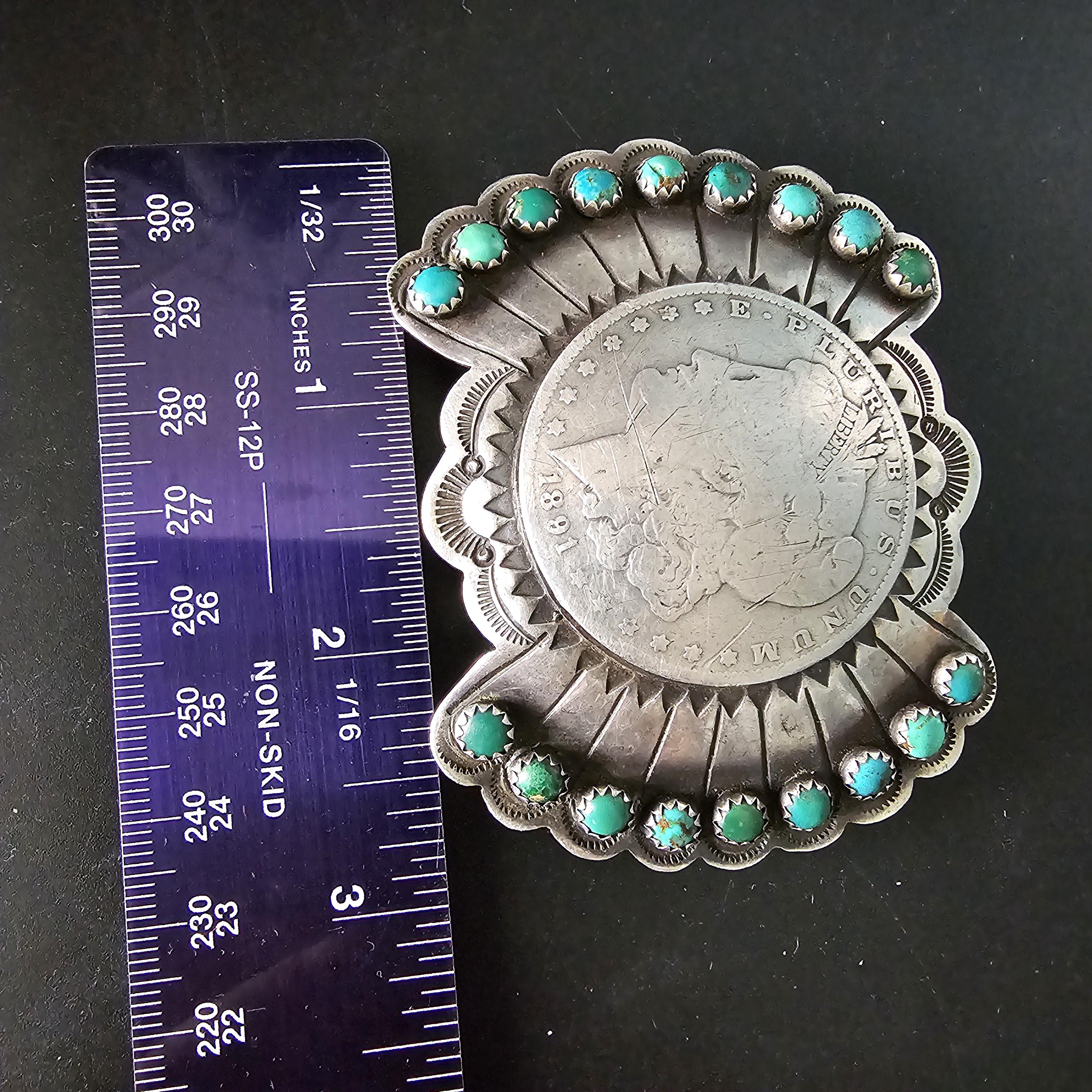 Coin Silver Signed Turquoise Vintage Buckle  Old Pawn JK 214
