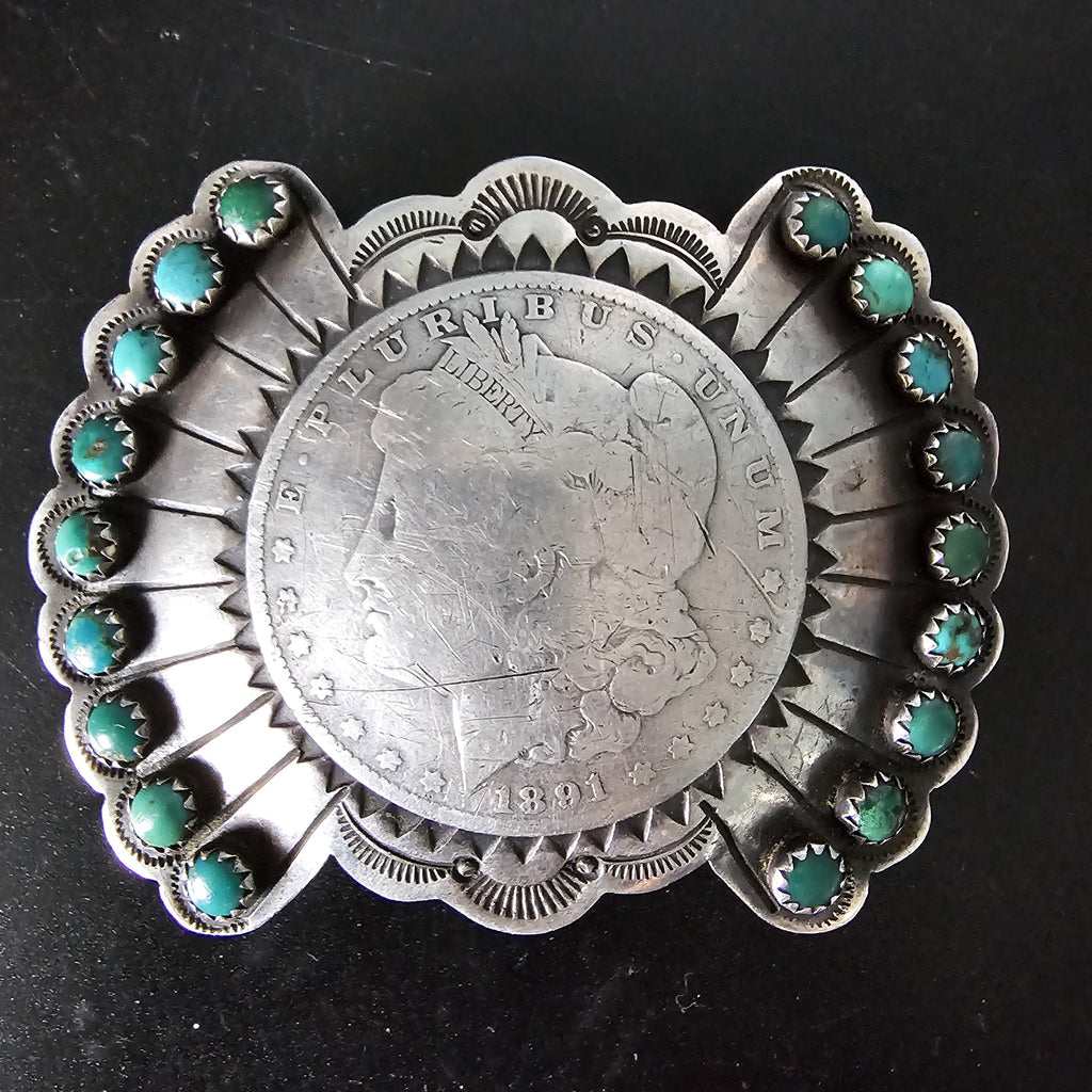 Coin Silver Signed Turquoise Vintage Buckle  Old Pawn JK 214