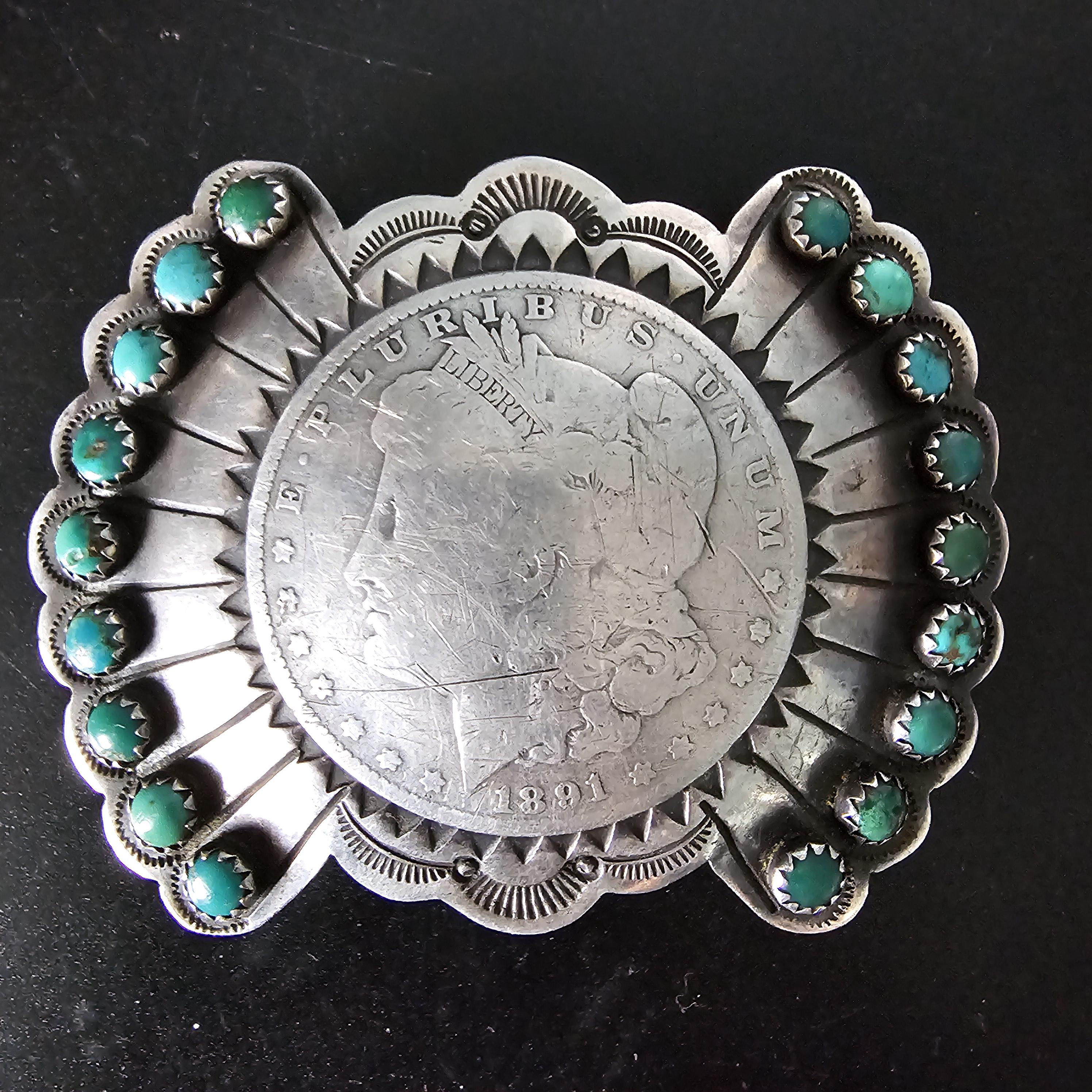 Coin Silver Signed Turquoise Vintage Buckle  Old Pawn JK 214