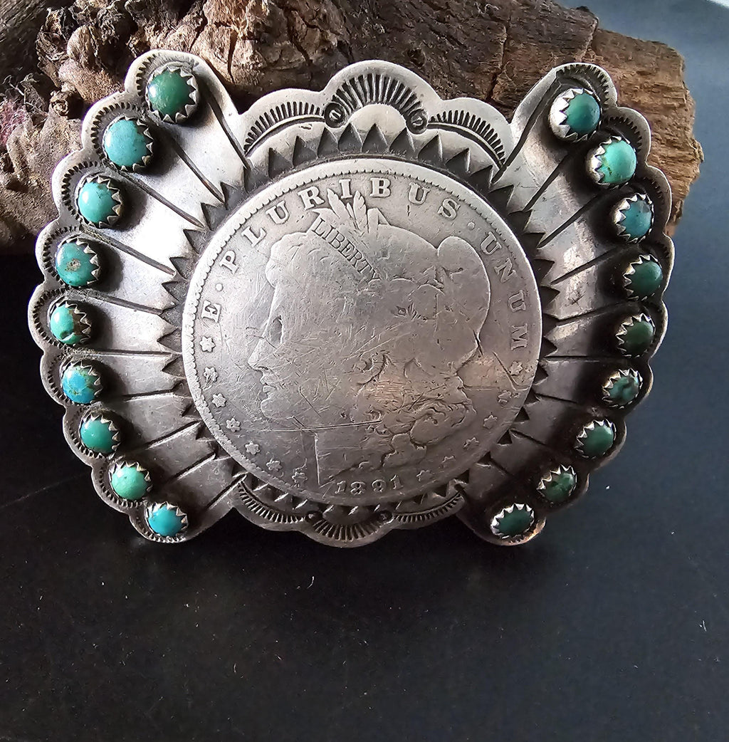 Coin Silver Signed Turquoise Vintage Buckle  Old Pawn JK 214