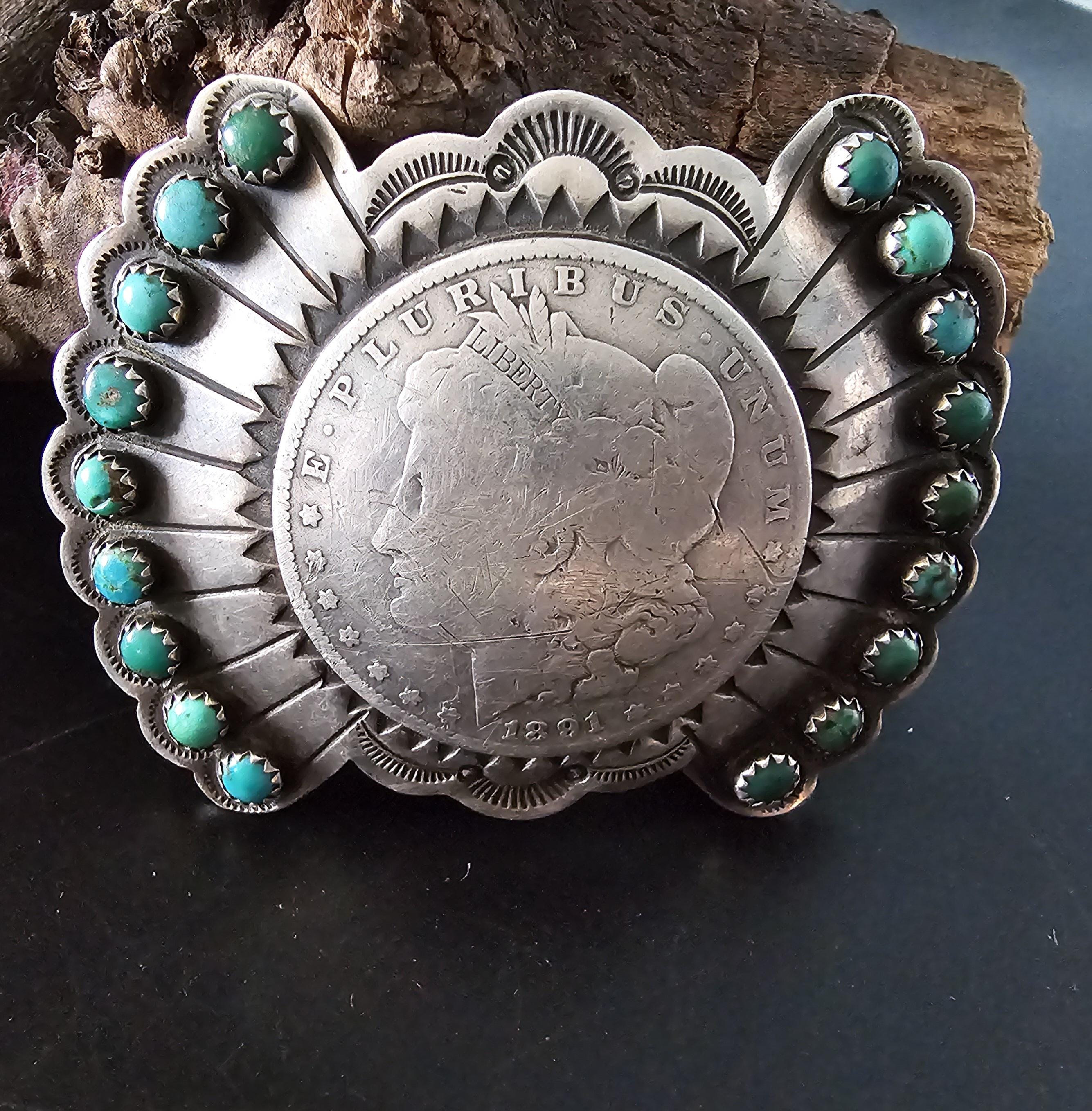 Coin Silver Signed Turquoise Vintage Buckle  Old Pawn JK 214