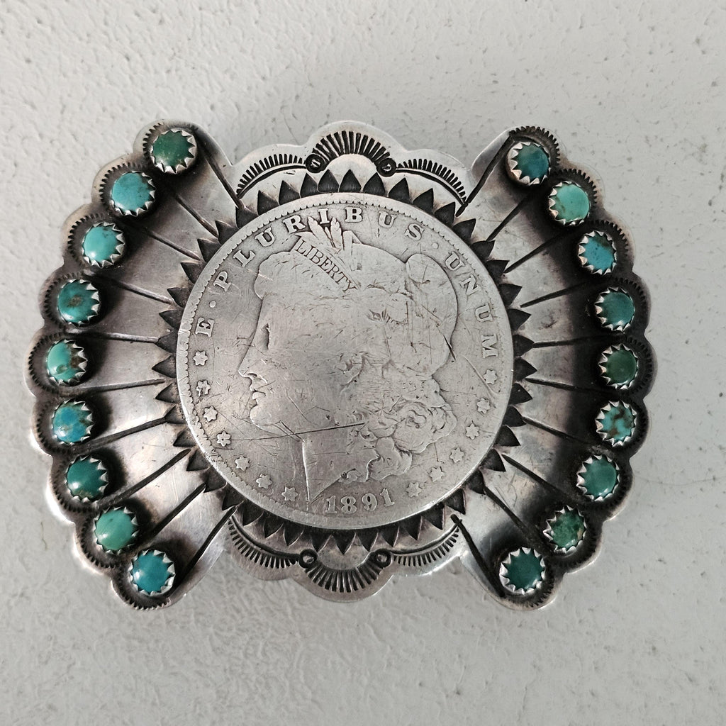 Coin Silver Signed Turquoise Vintage Buckle  Old Pawn JK 214