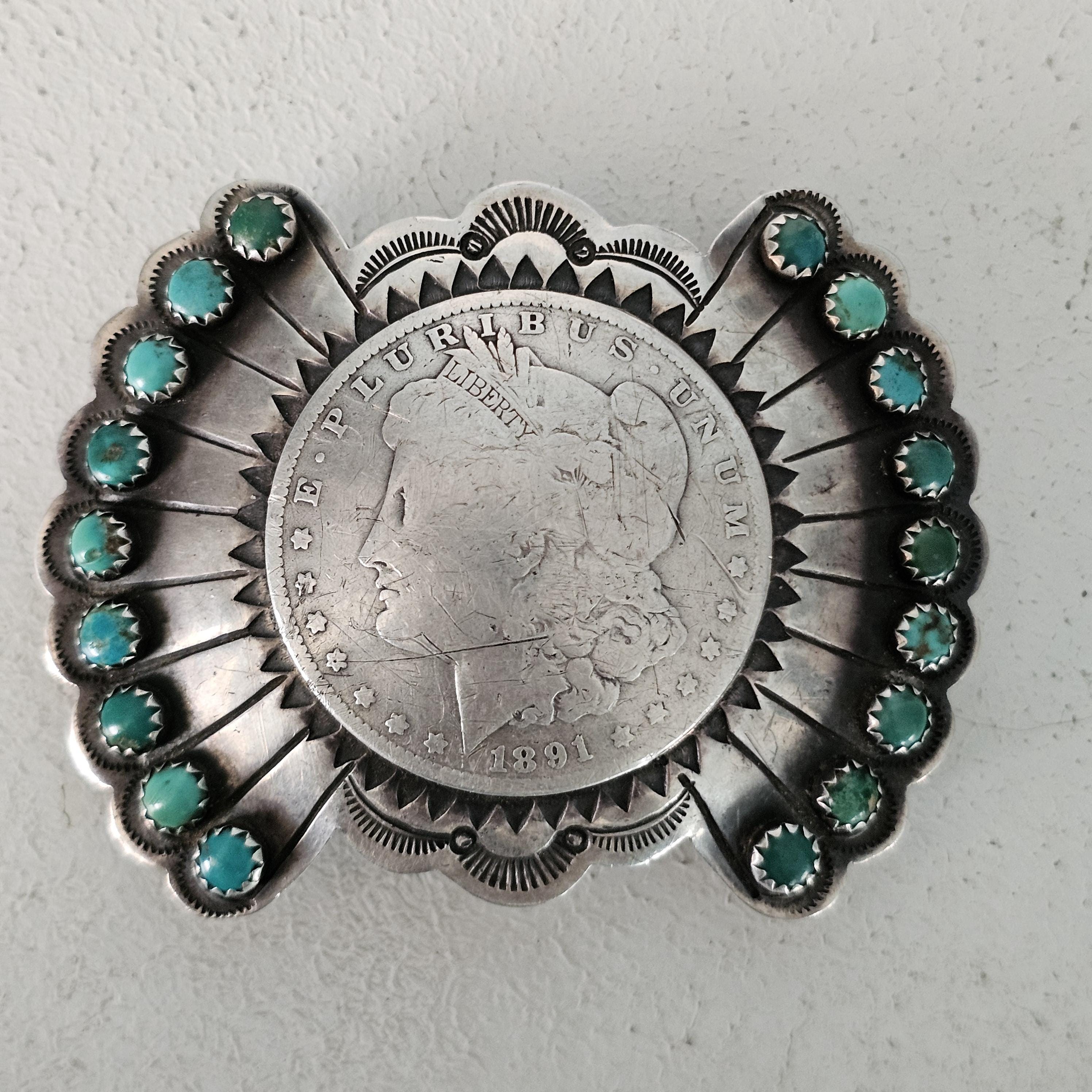 Coin Silver Signed Turquoise Vintage Buckle  Old Pawn JK 214
