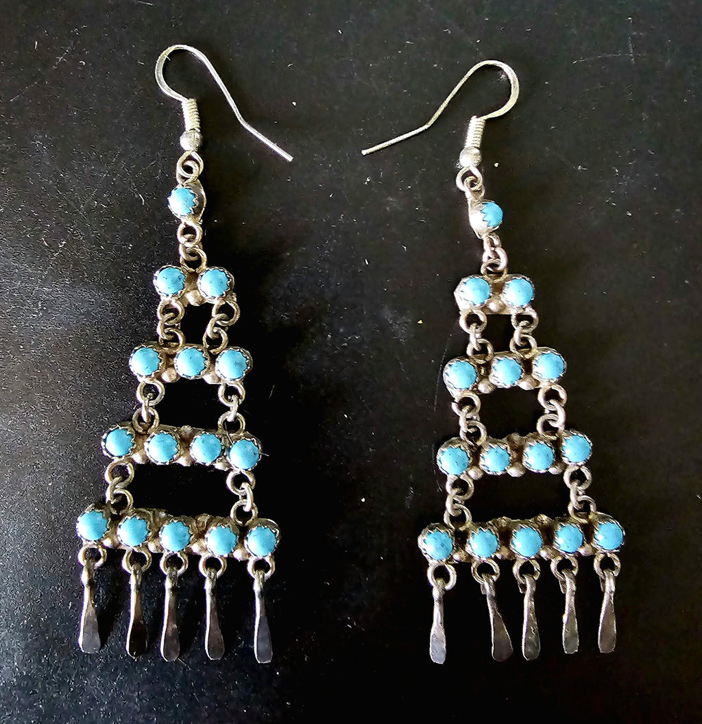 Long Vintage Turquoise Zuni Raincloud Earrings Old Pawn JE 456