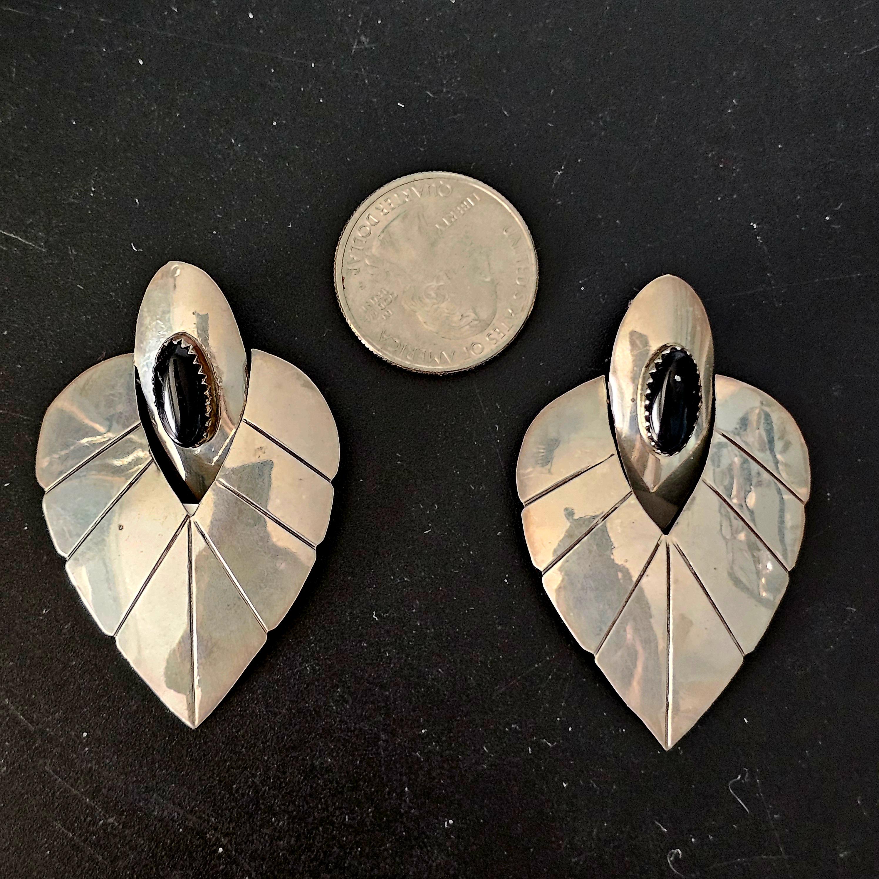 Sterling '70s Onyx Teardrop Vintage Silver Earrings . # JE 608