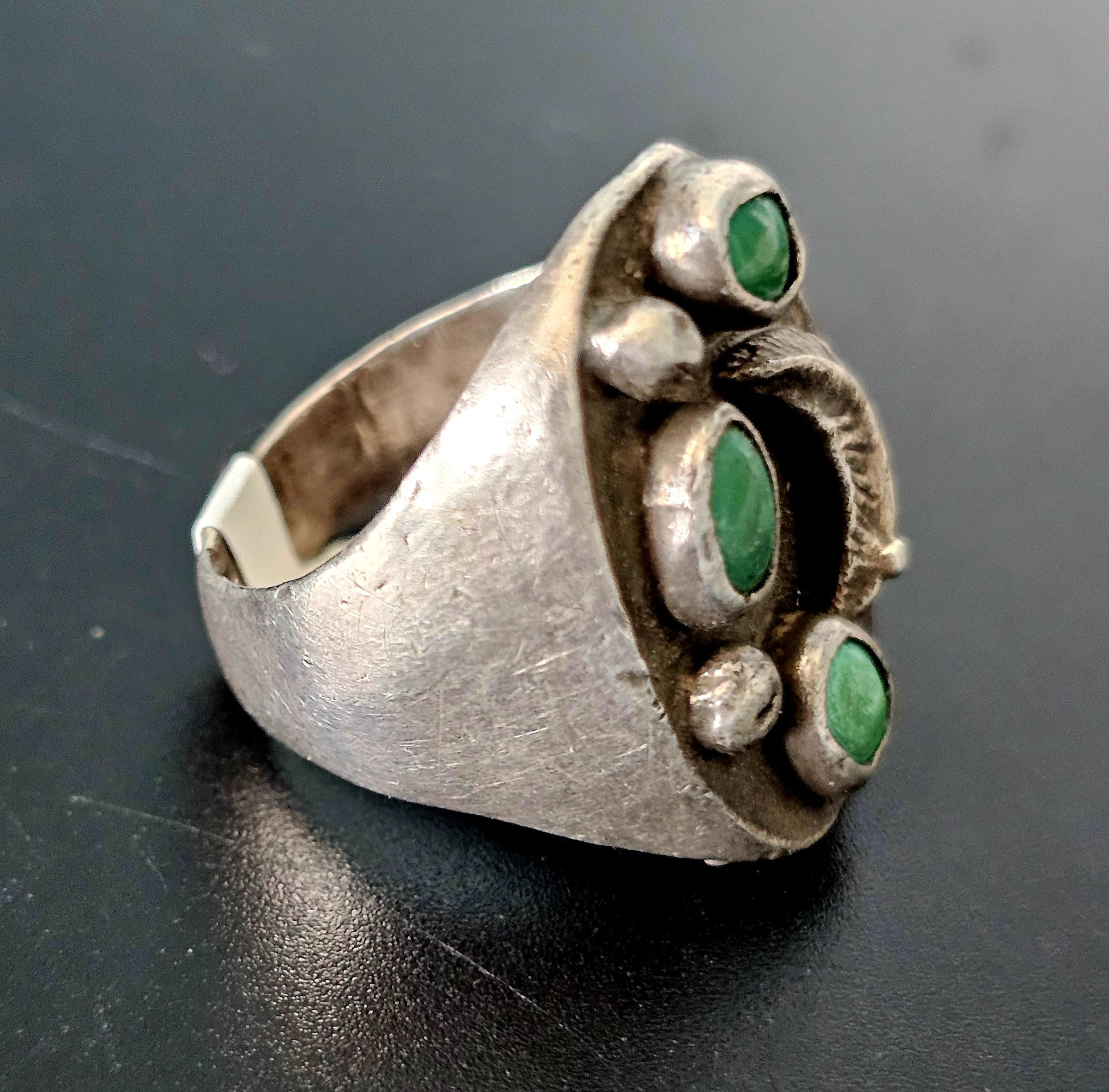 3 Green Turquoise Cast Silver Vintage Ring Size 11 Old Pawn JR 228