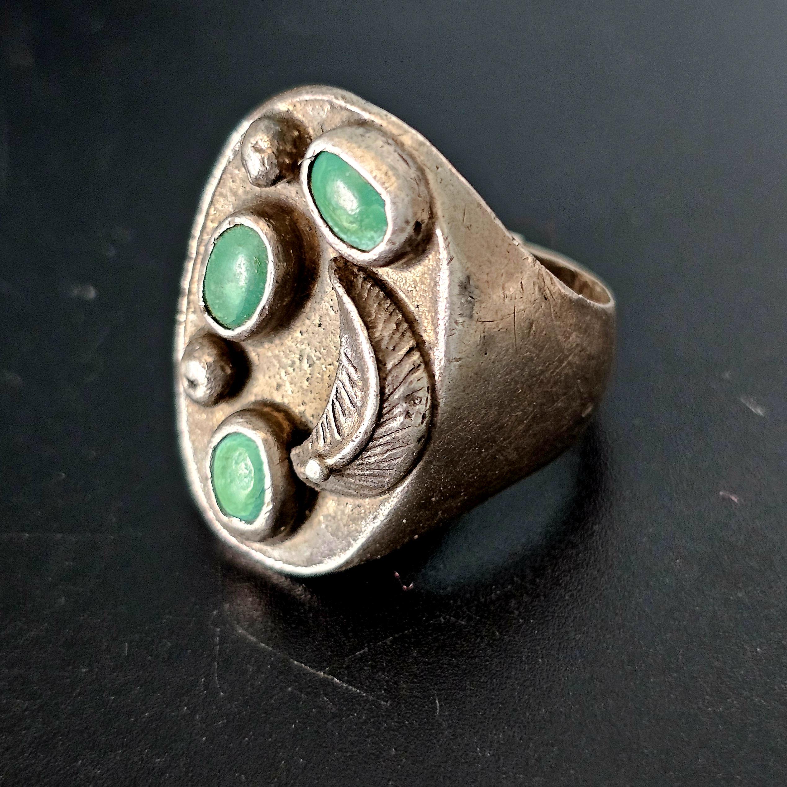 3 Green Turquoise Cast Silver Vintage Ring Size 11 Old Pawn JR 228