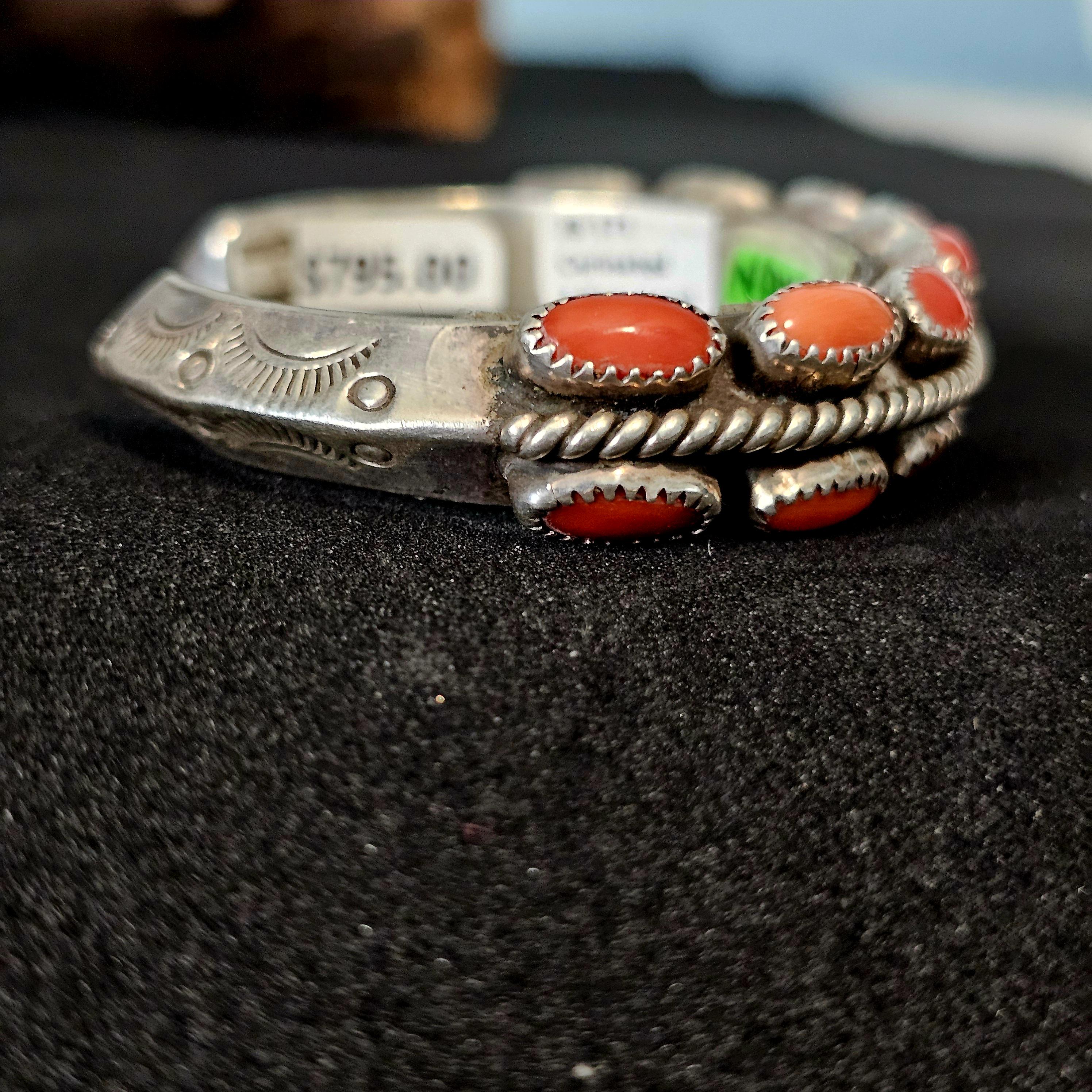 Signed Lister Coral Zuni Vintage Native Cuff Old Pawn. 6 1/2 " wrist JB 171