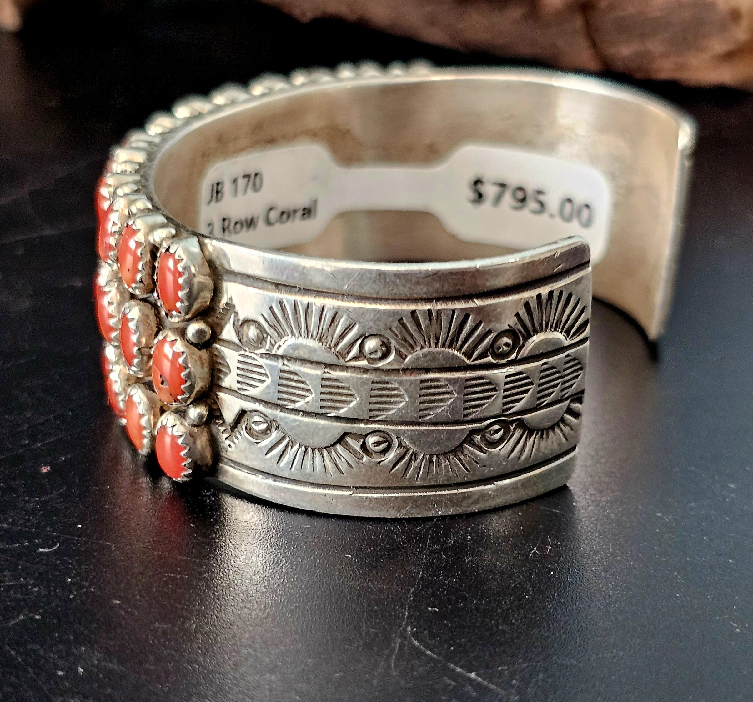 Triple Row Coral Zuni Vintage Native Cuff Old Pawn. 6 1/2 " wrist JB 170