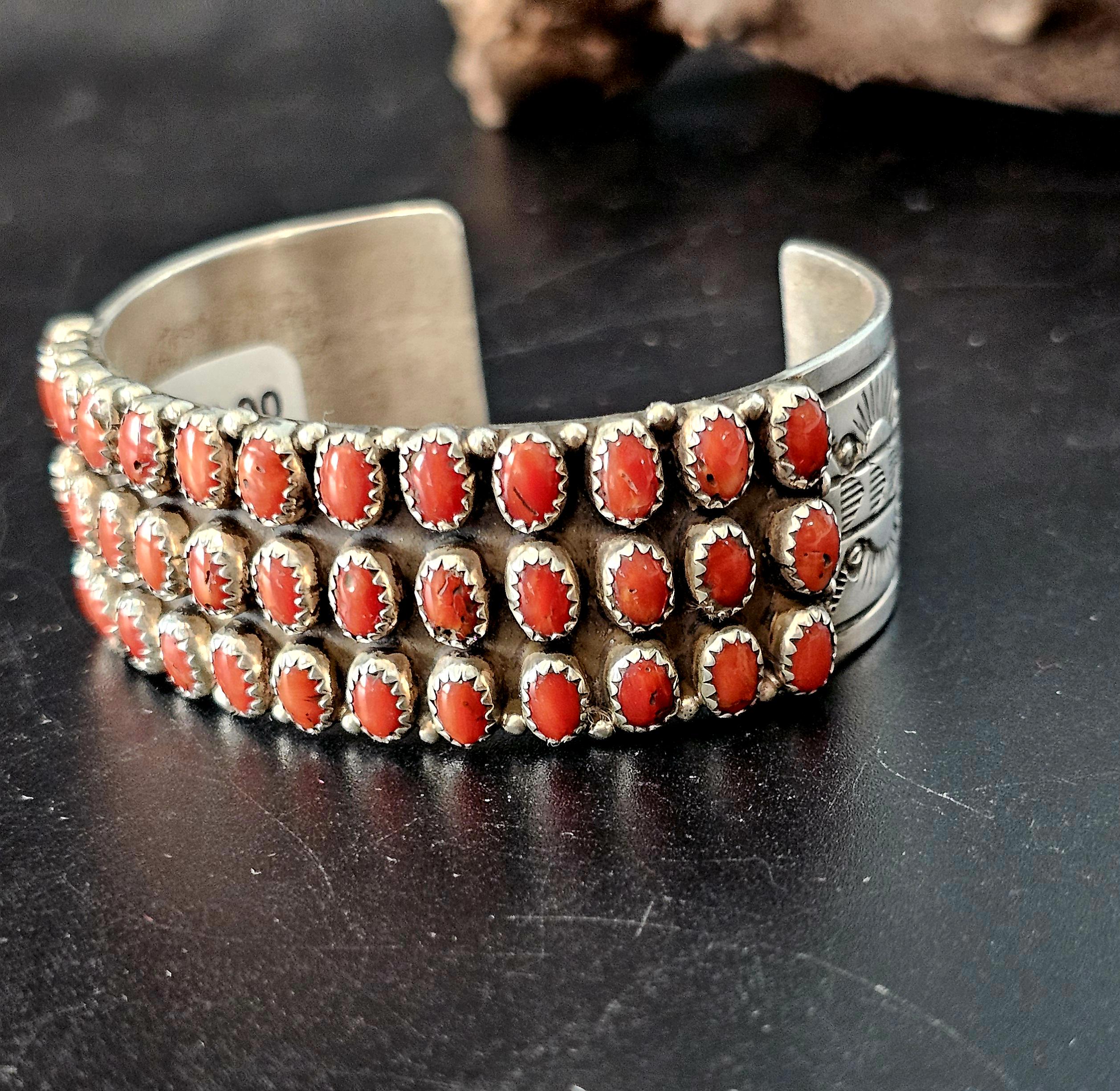 Triple Row Coral Zuni Vintage Native Cuff Old Pawn. 6 1/2 " wrist JB 170