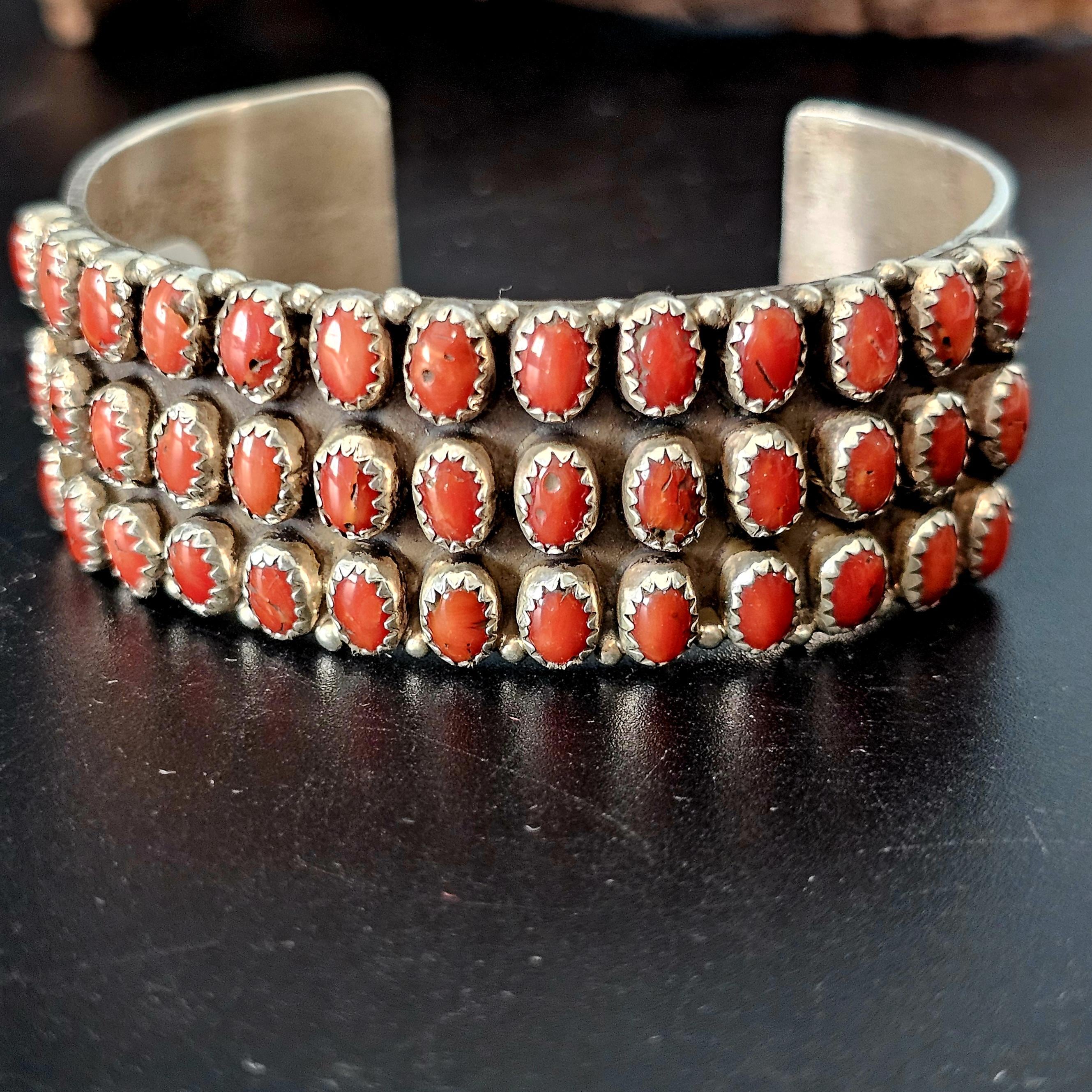 Triple Row Coral Zuni Vintage Native Cuff Old Pawn. 6 1/2 " wrist JB 170