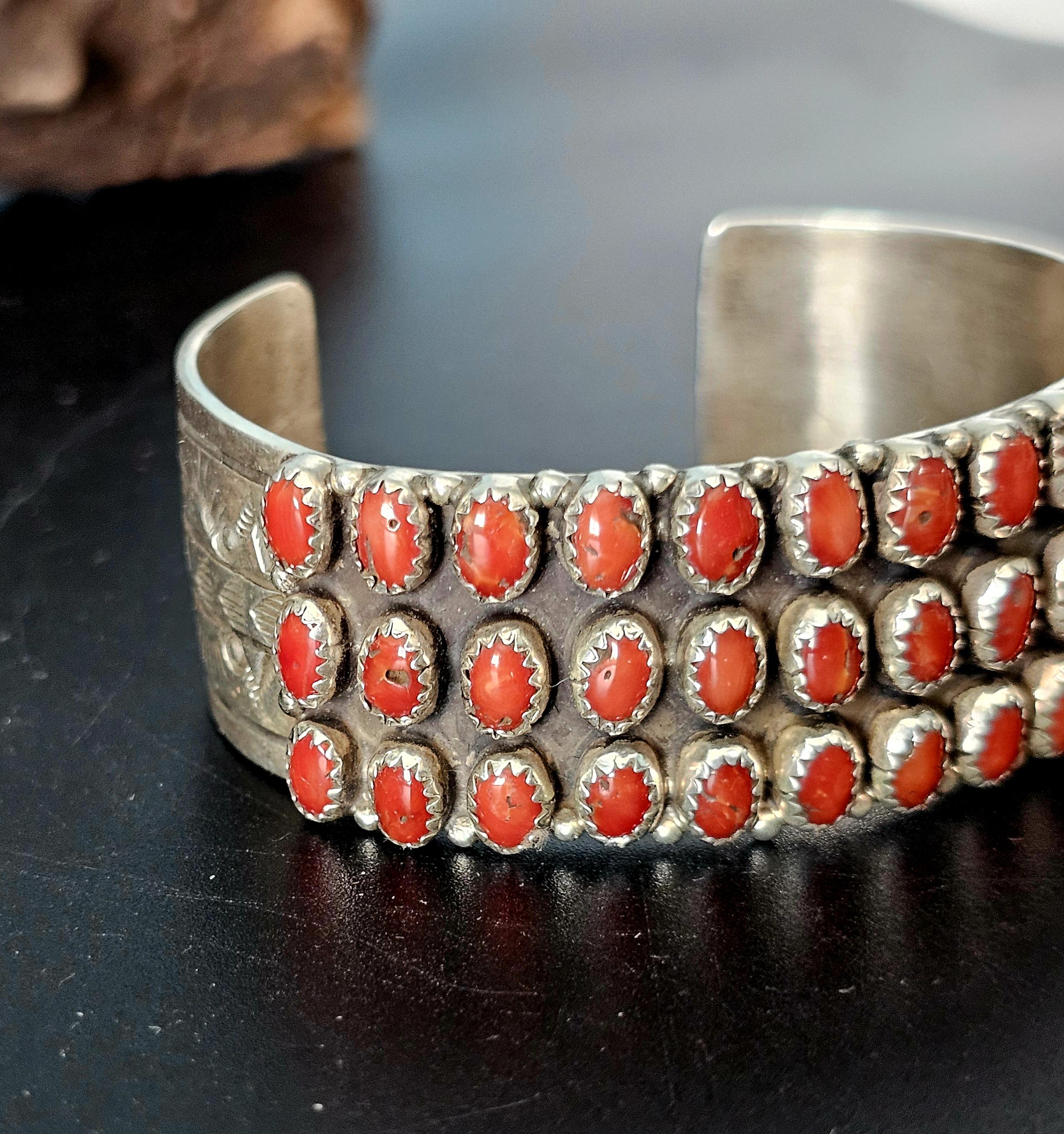 Triple Row Coral Zuni Vintage Native Cuff Old Pawn. 6 1/2 " wrist JB 170
