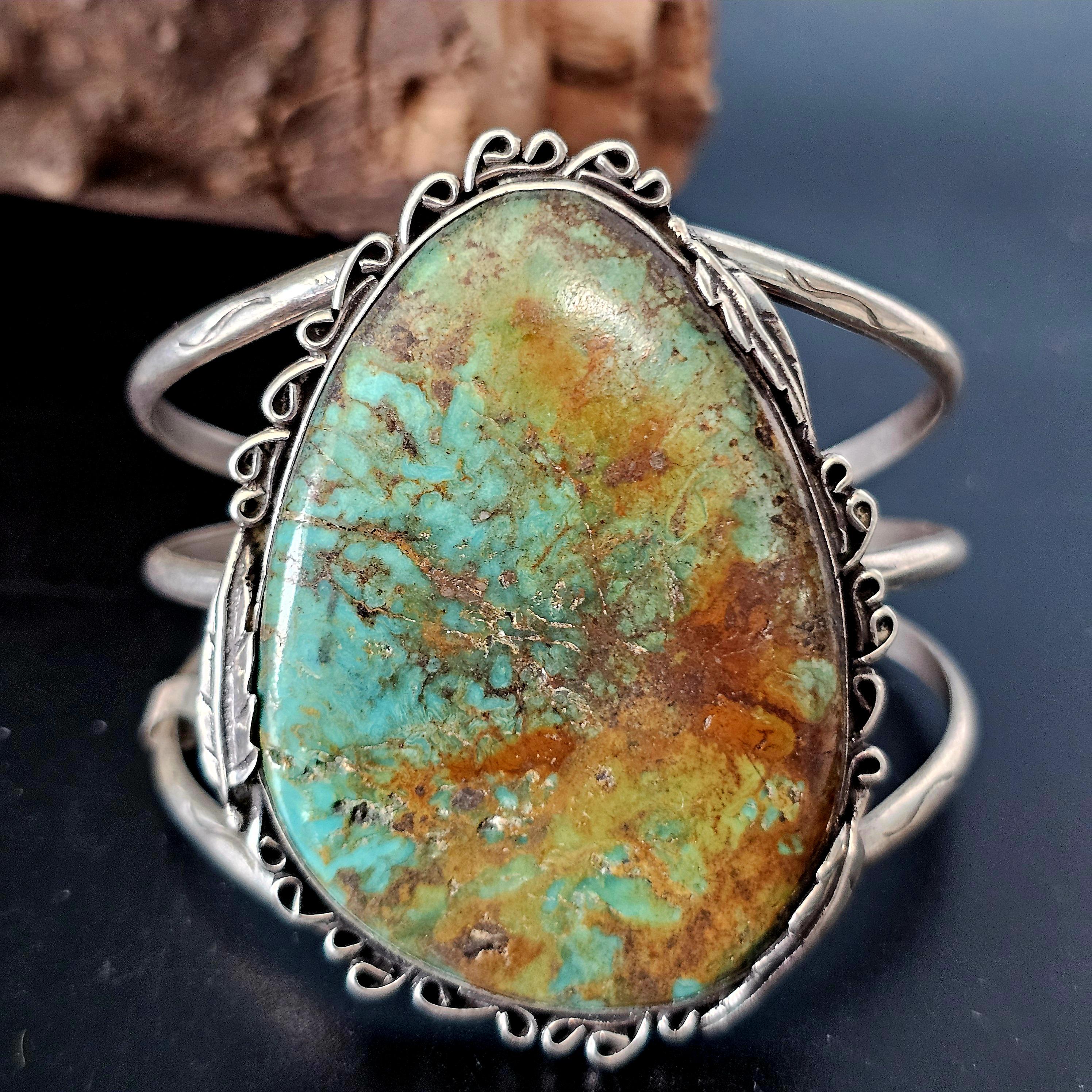 Single Large Royston Turquoise Sterling Silver Vintage Native Cuff, 6 1/2"  JB 61