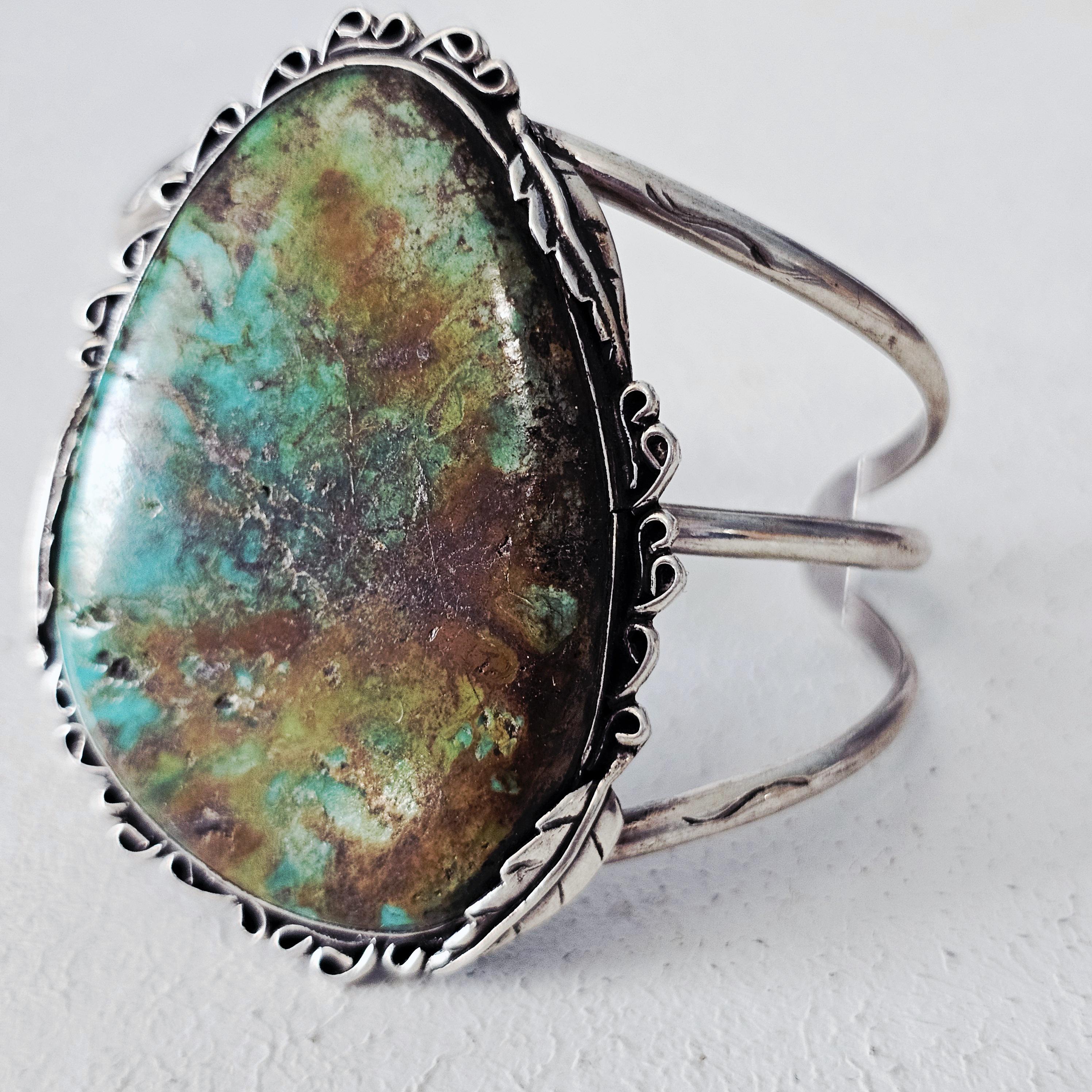 Single Large Royston Turquoise Sterling Silver Vintage Native Cuff, 6 1/2"  JB 61