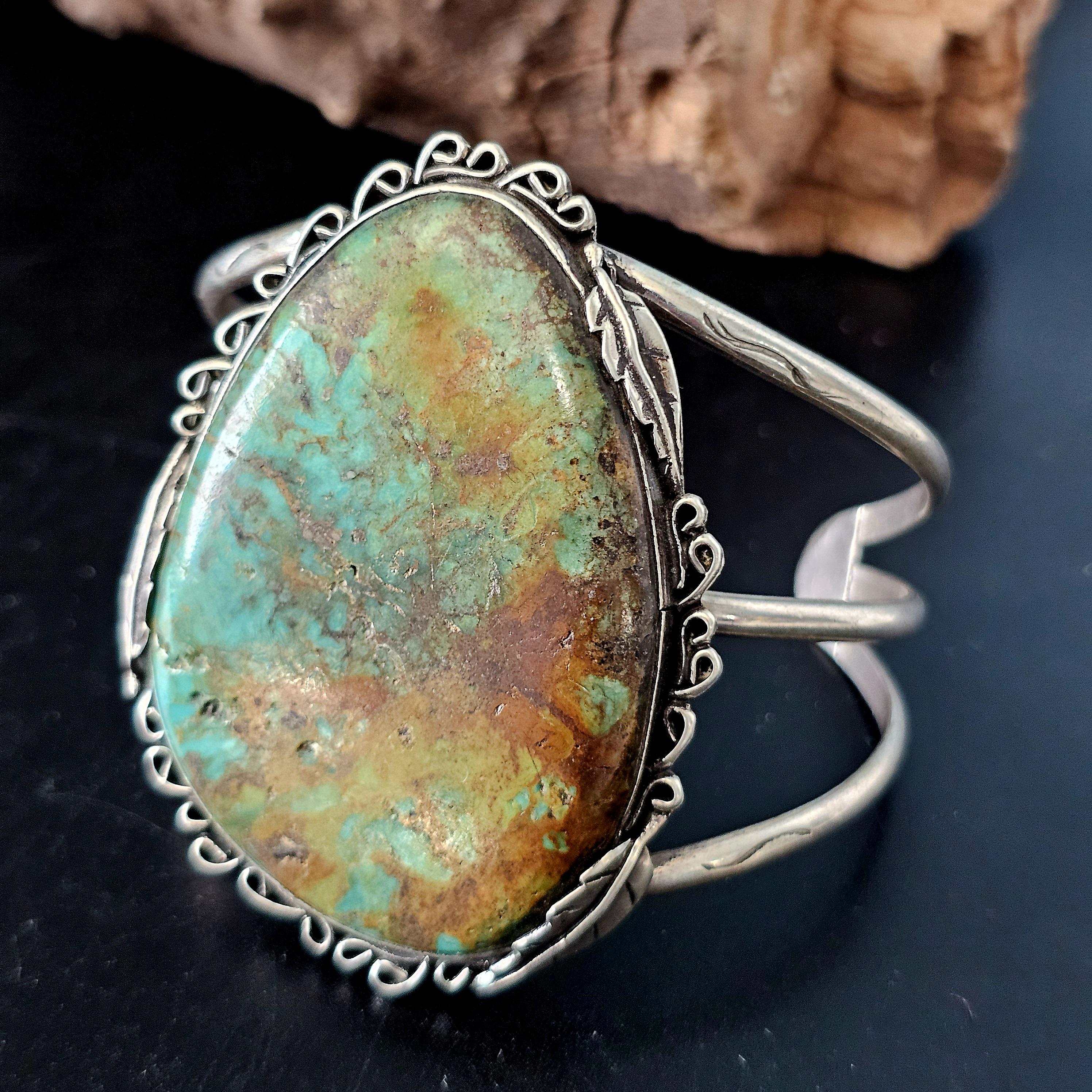 Single Large Royston Turquoise Sterling Silver Vintage Native Cuff, 6 1/2"  JB 61