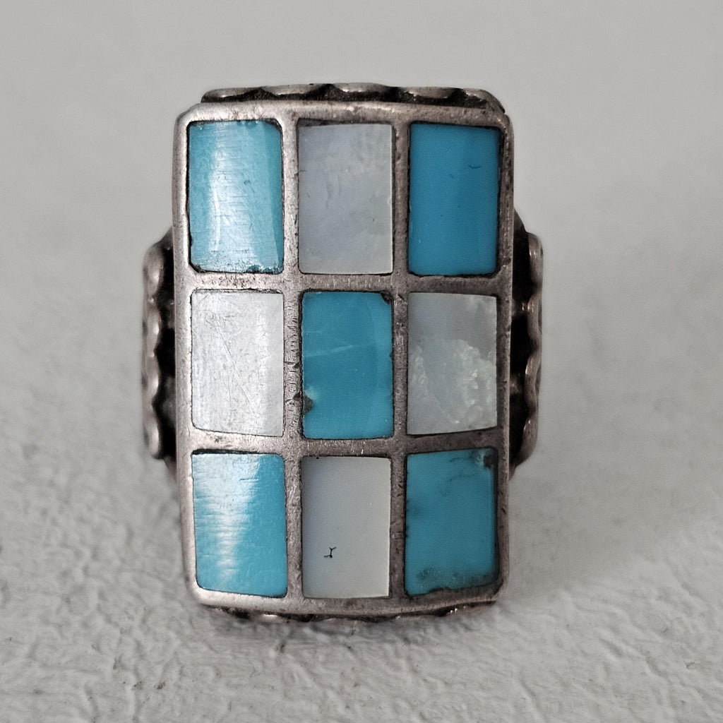 Vintage Zuni Inlay Turquoise MOP Sterling Silver Size 9 JR 234