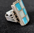 Vintage Zuni Inlay Turquoise MOP Sterling Silver Size 9 JR 234