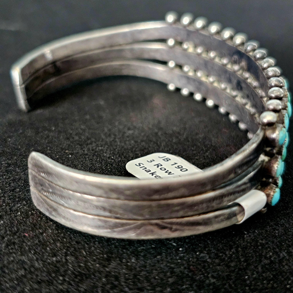 1940s Zuni 3 Row Snake Eye Turquoise Sterling Silver Cuff Bracelet 6 1/4"  JB 190