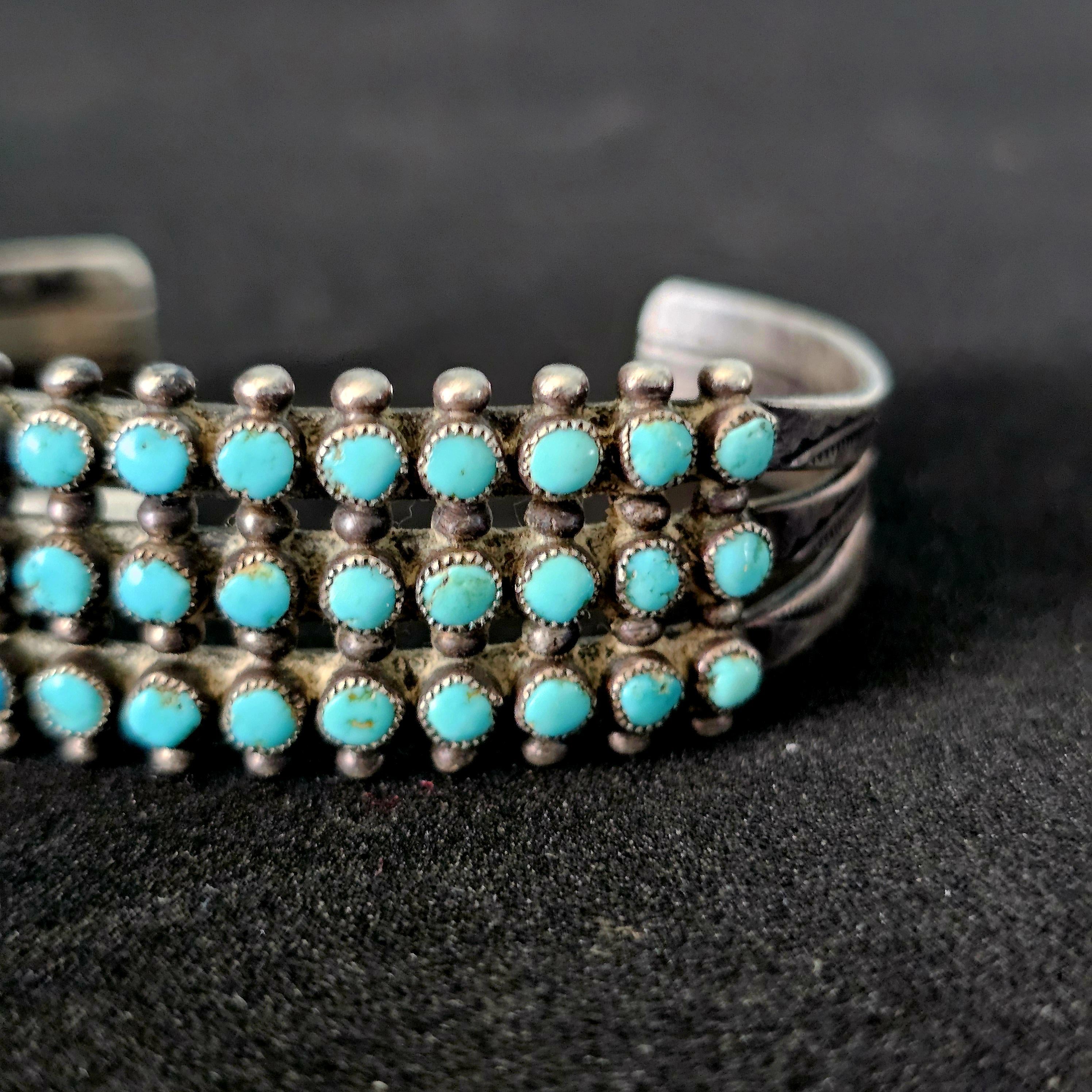 1940s Zuni 3 Row Snake Eye Turquoise Sterling Silver Cuff Bracelet 6 1/4"  JB 190