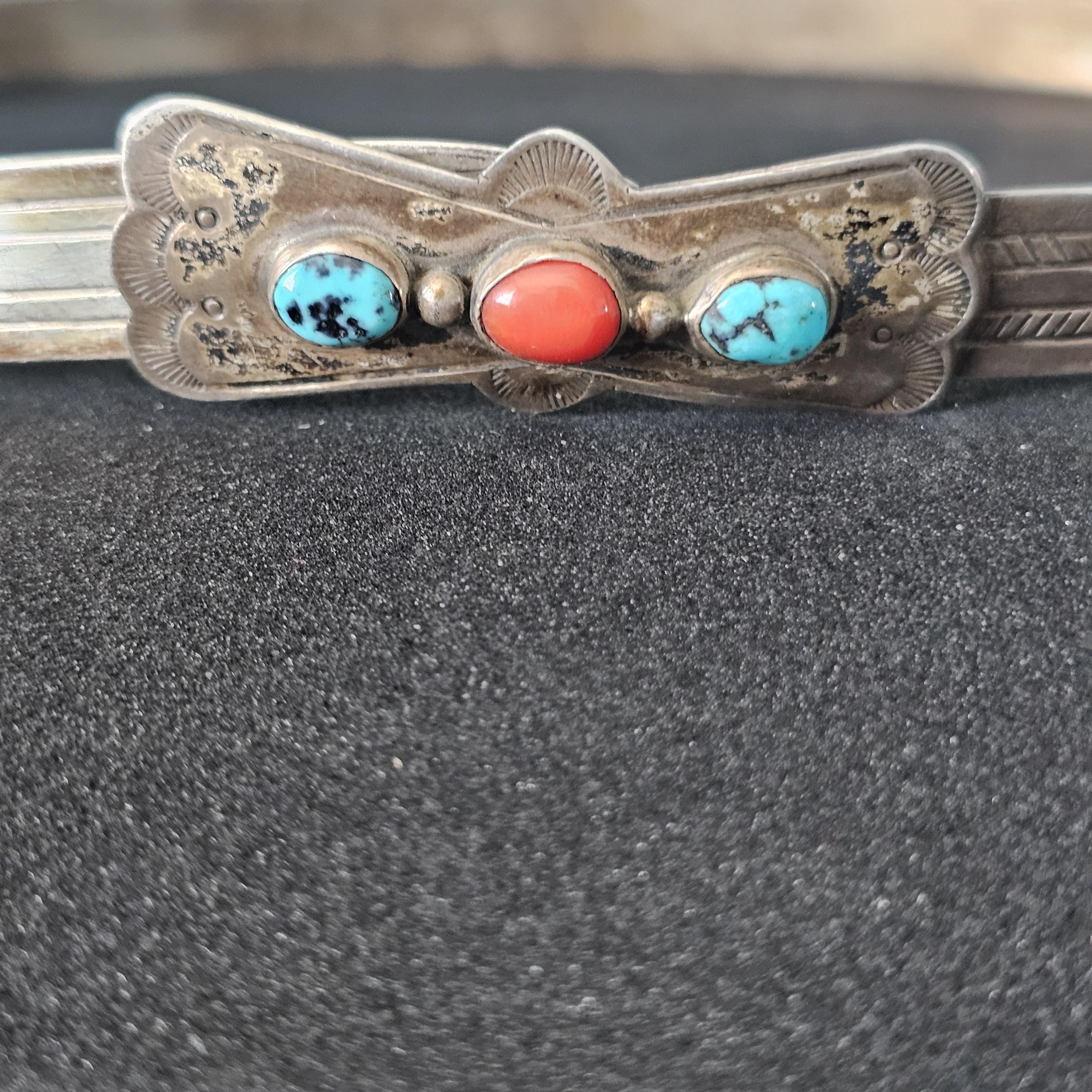1950s Sterling Turquoise & Coral Hatband Old Pawn. JH 144
