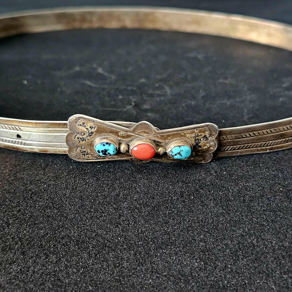 1950s Sterling Turquoise & Coral Hatband Old Pawn. JH 144