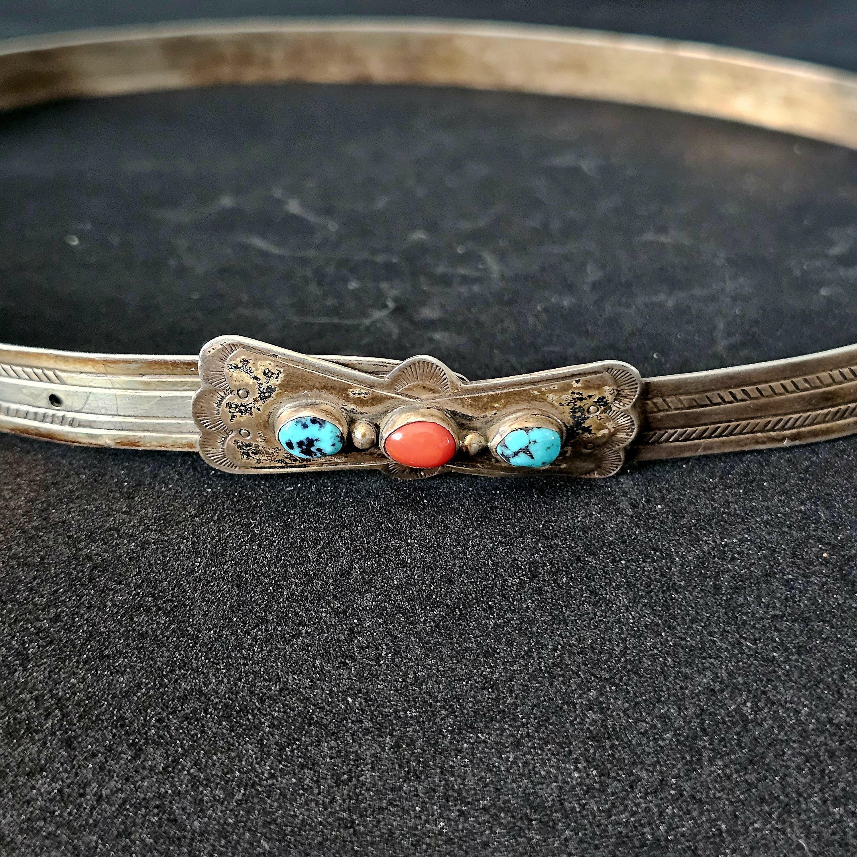 1950s Sterling Turquoise & Coral Hatband Old Pawn. JH 144