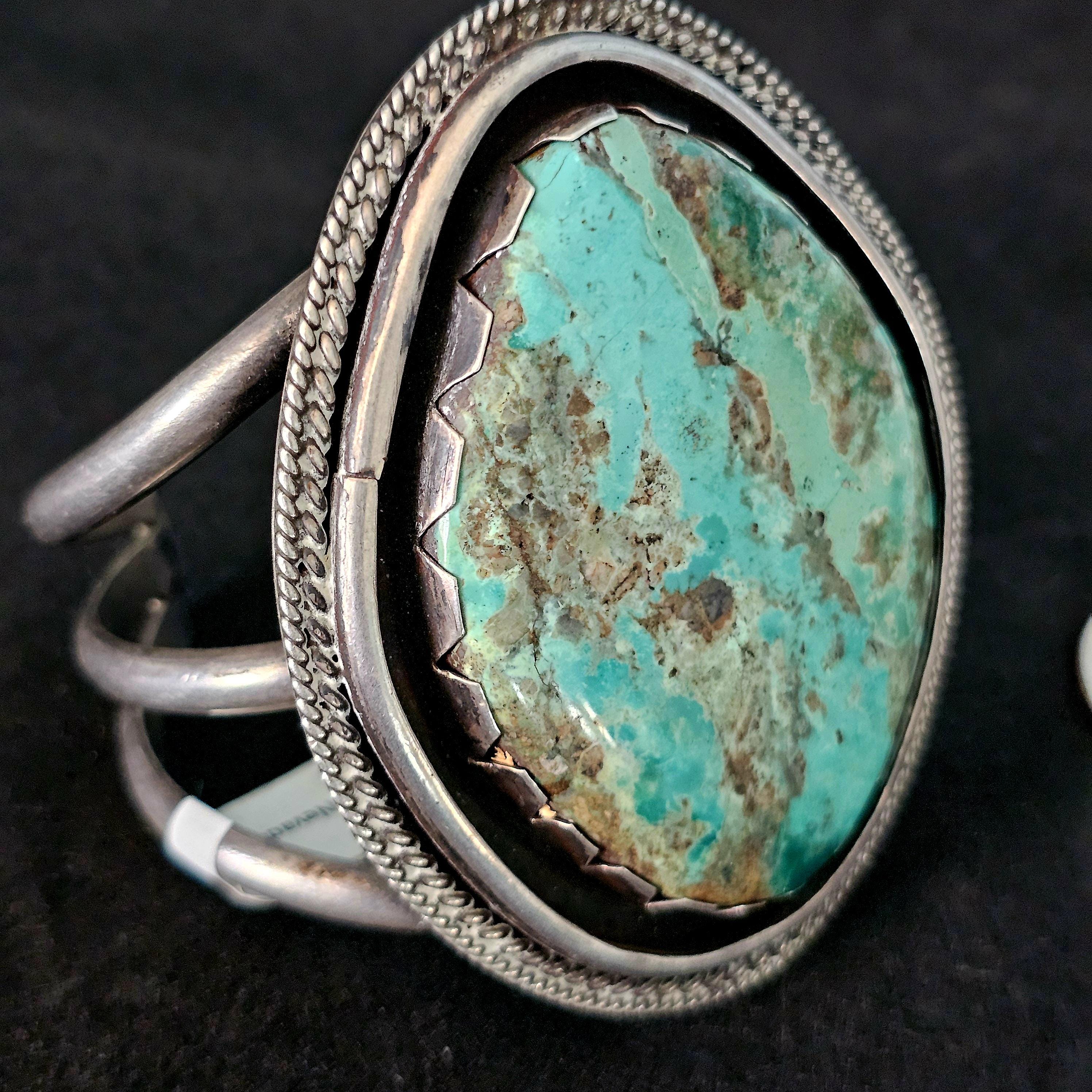 Single Large Kingman Turquoise Sterling Vintage Native Silver Cuff, 6 3/4"  JB 44