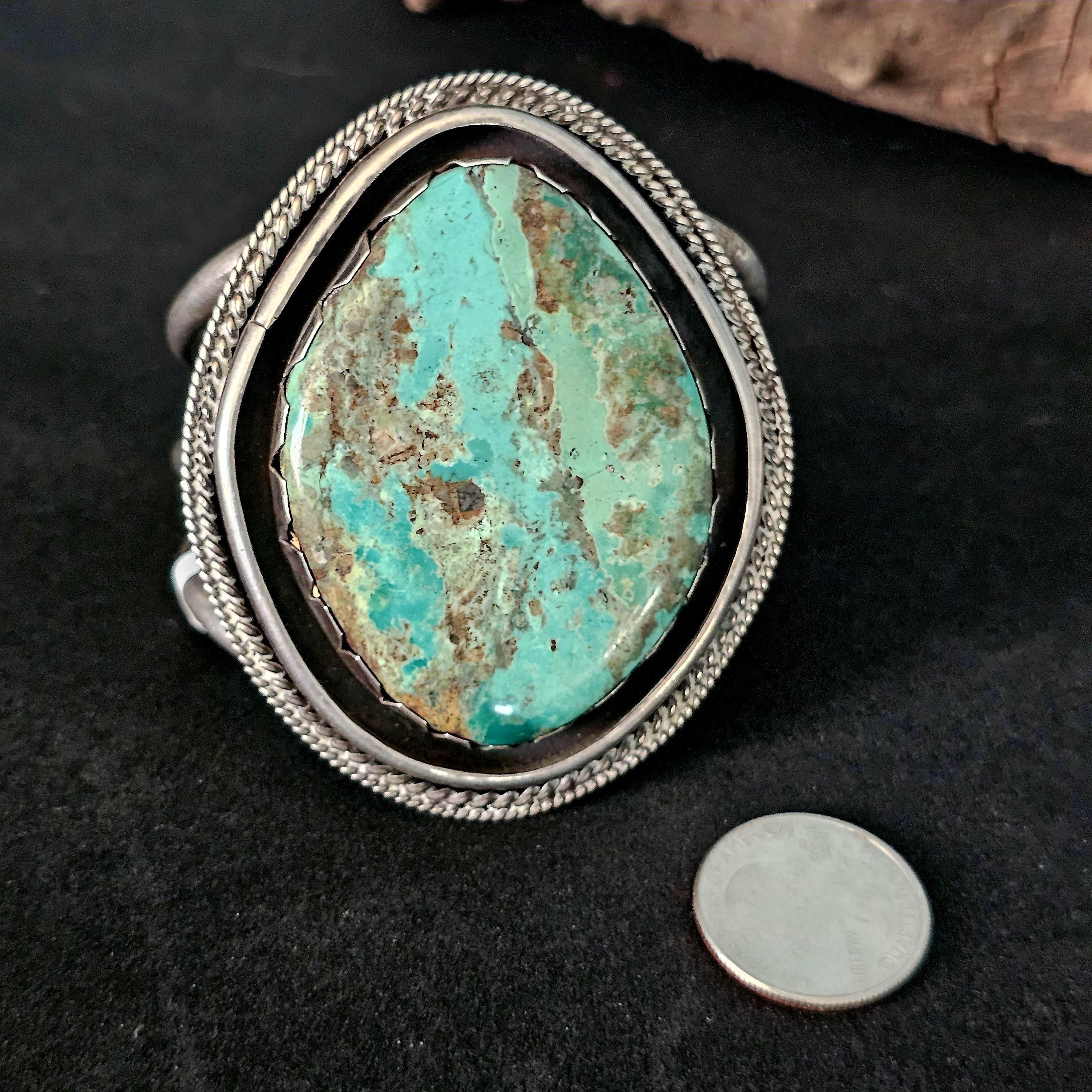 Single Large Kingman Turquoise Sterling Vintage Native Silver Cuff, 6 3/4"  JB 44