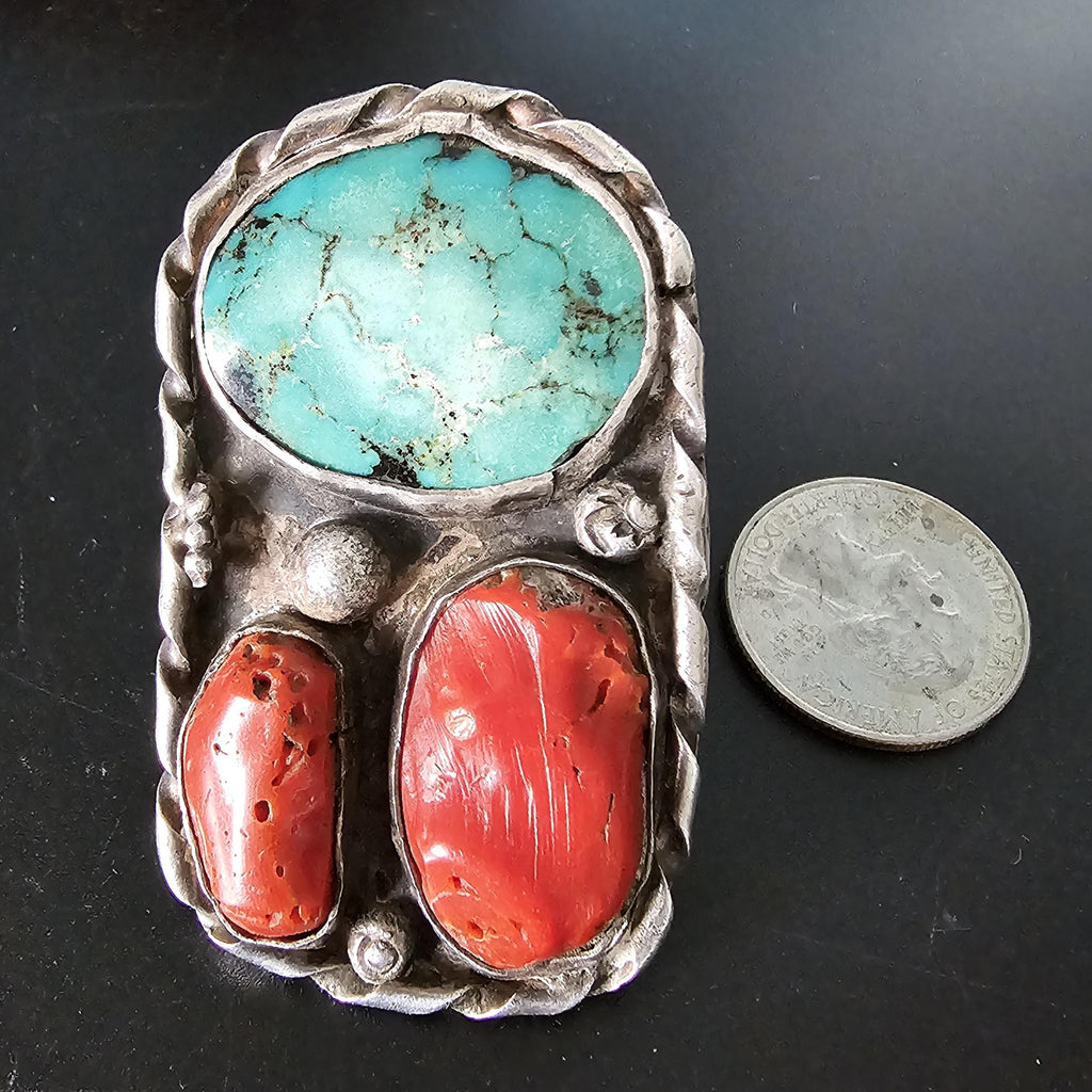 Very Large Statement Turquoise & Coral Silver Ring - Size 9  - Old Pawn JR 372