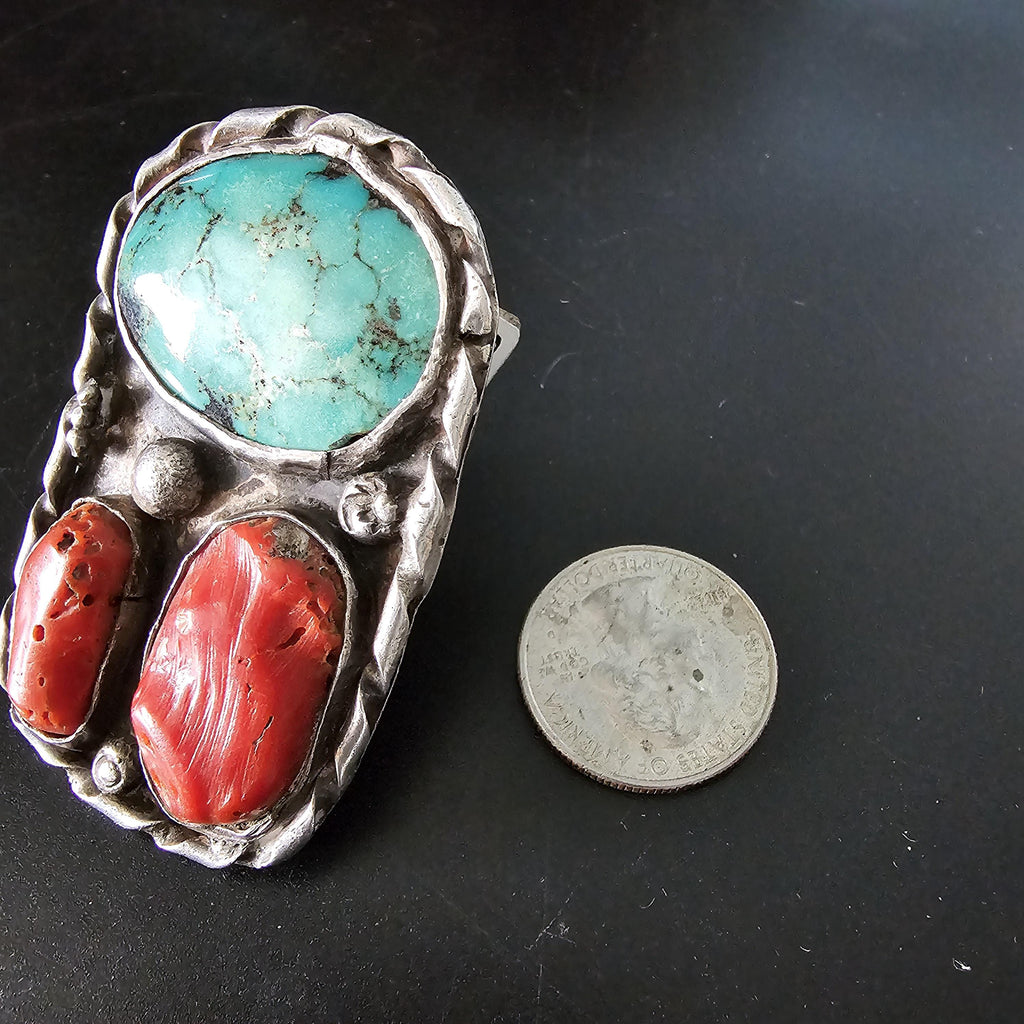 Very Large Statement Turquoise & Coral Silver Ring - Size 9  - Old Pawn JR 372