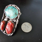 Very Large Statement Turquoise & Coral Silver Ring - Size 9  - Old Pawn JR 372